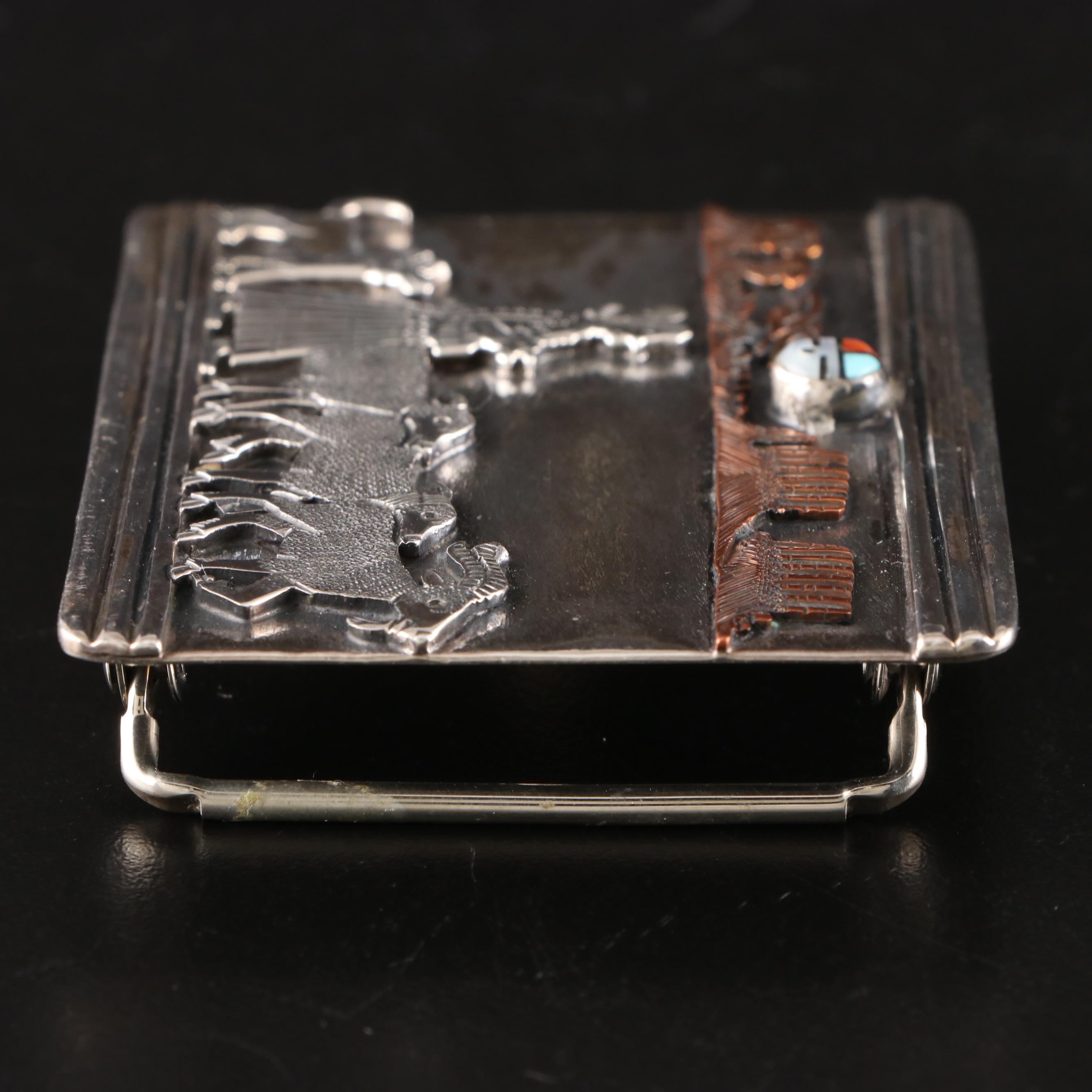 Clarence and Russell Lee Navajo Diné Sterling Storyteller Belt Buckle