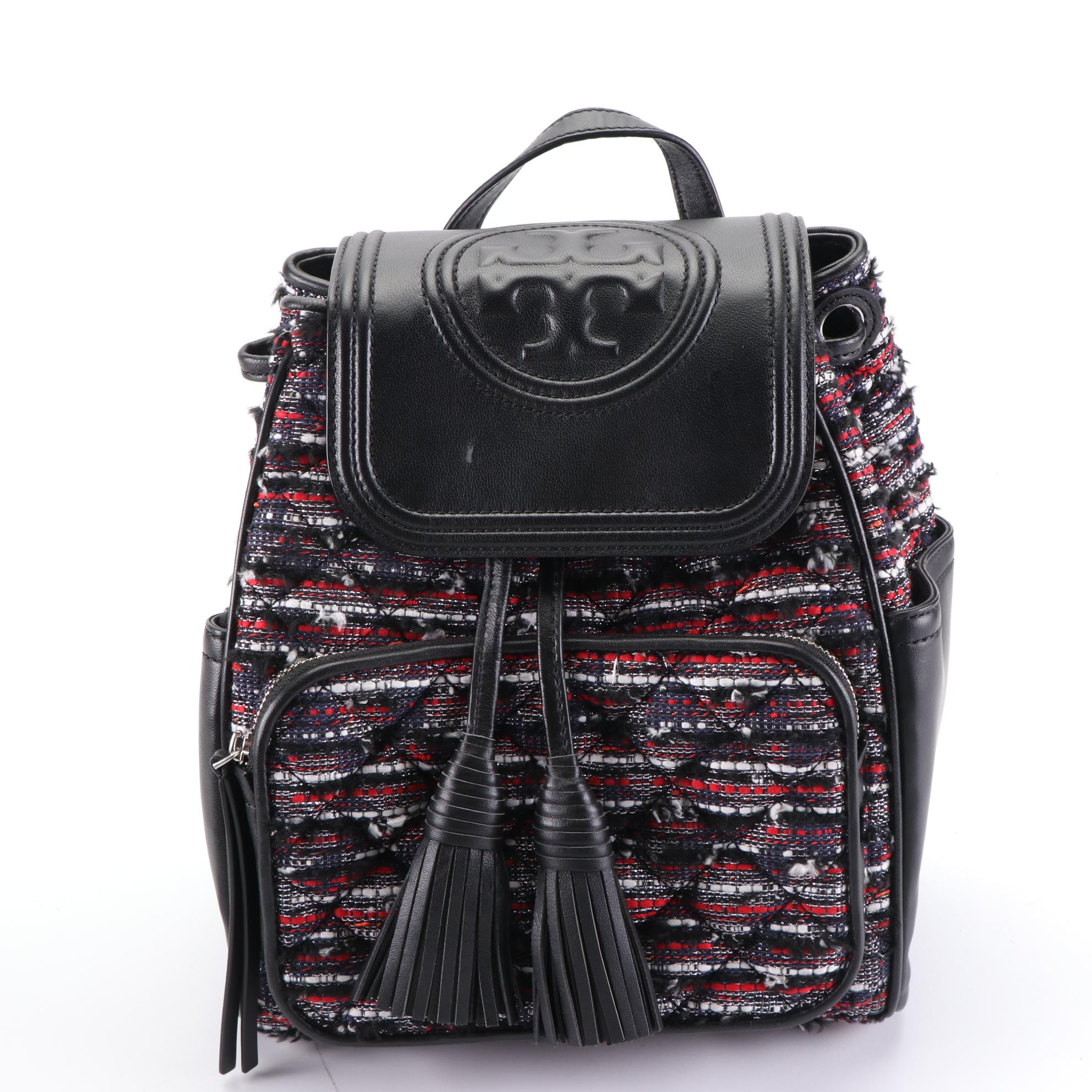 Tory Burch Tweed Backpack, Peep Toe Wedges, and Two Pairs of Slides