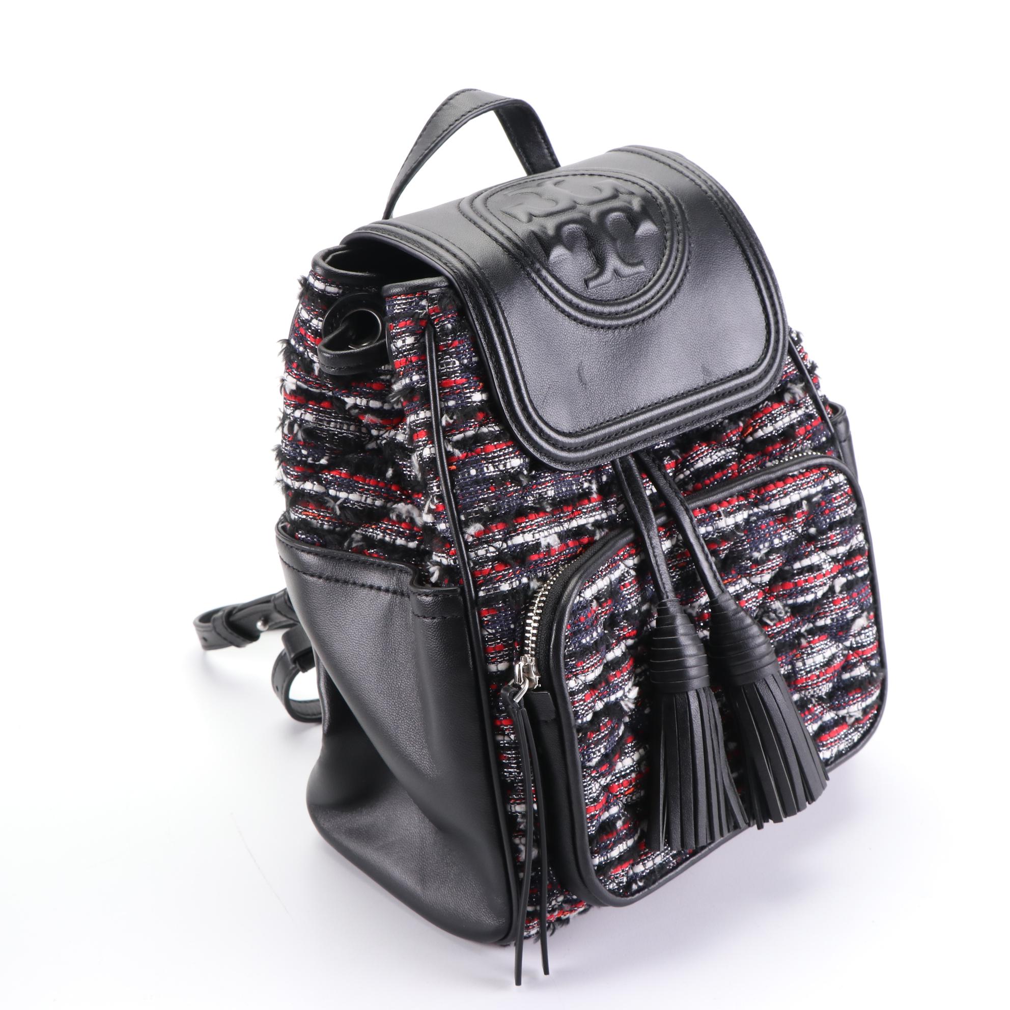 Tory Burch Tweed Backpack, Peep Toe Wedges, and Two Pairs of Slides