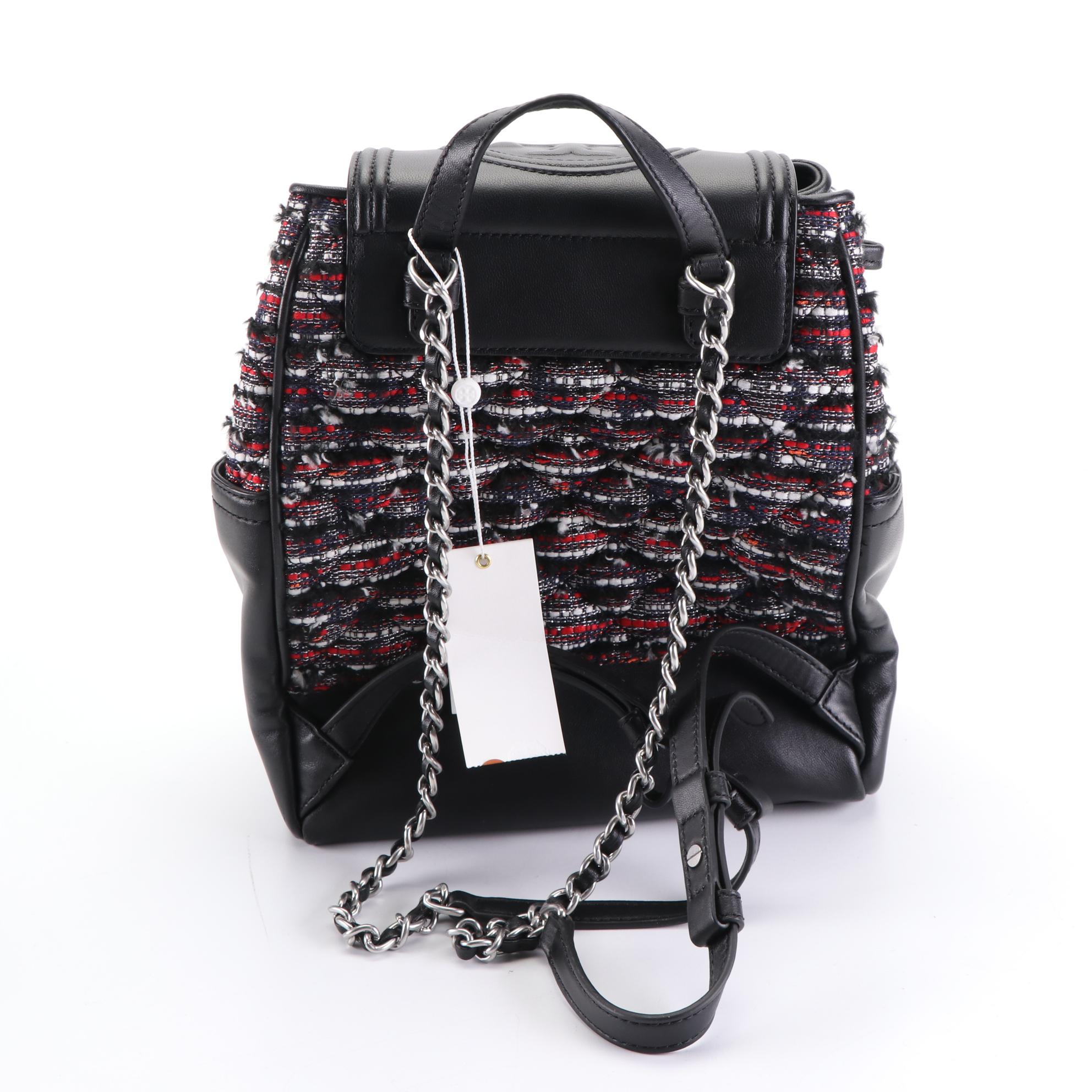 Tory Burch Tweed Backpack, Peep Toe Wedges, and Two Pairs of Slides