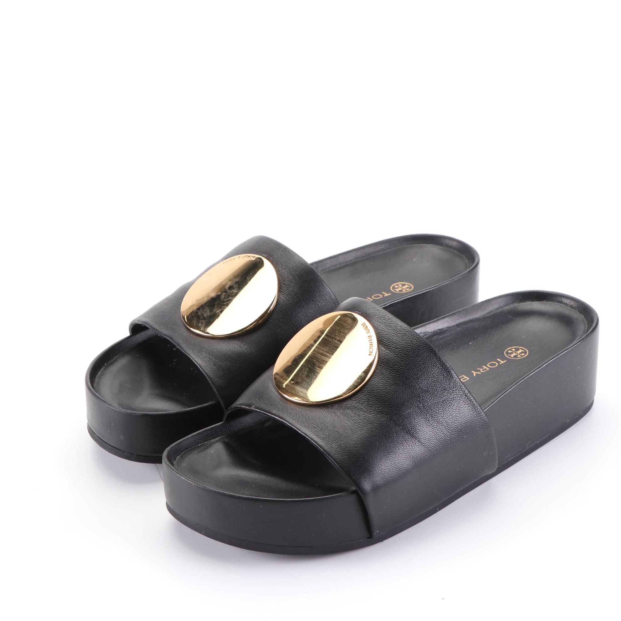 Tory Burch Tweed Backpack, Peep Toe Wedges, and Two Pairs of Slides