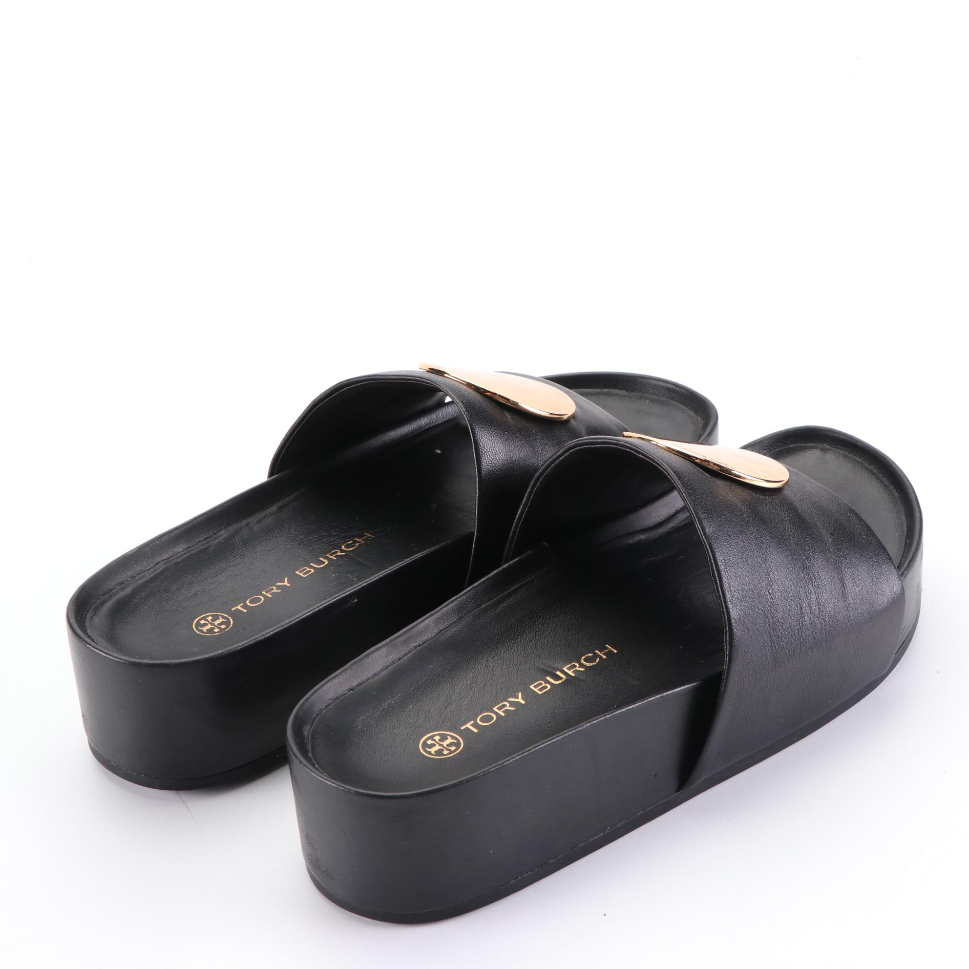 Tory Burch Tweed Backpack, Peep Toe Wedges, and Two Pairs of Slides