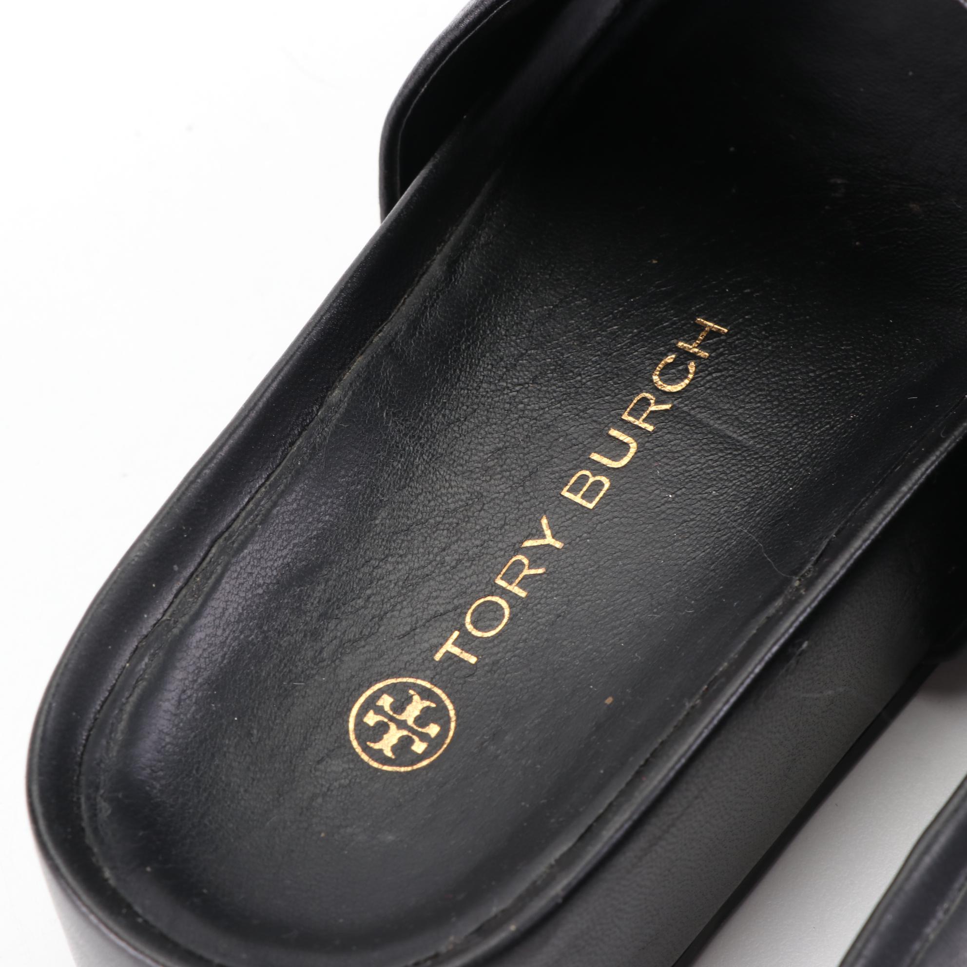 Tory Burch Tweed Backpack, Peep Toe Wedges, and Two Pairs of Slides