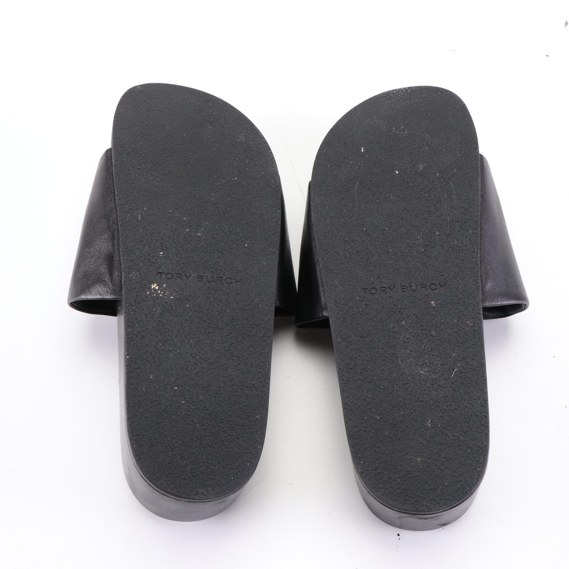 Tory Burch Tweed Backpack, Peep Toe Wedges, and Two Pairs of Slides