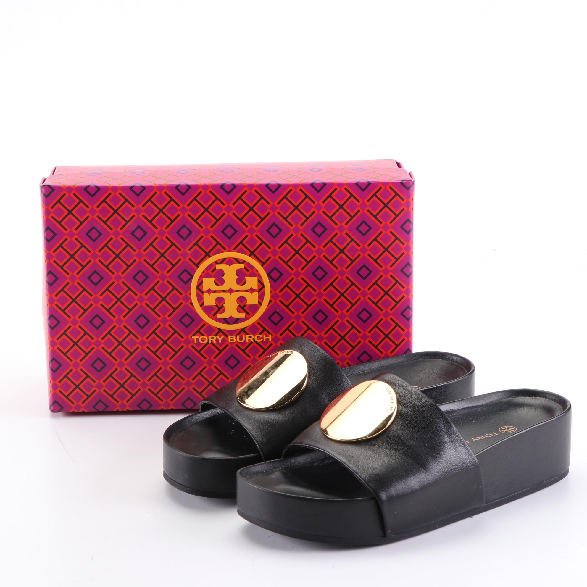 Tory Burch Tweed Backpack, Peep Toe Wedges, and Two Pairs of Slides