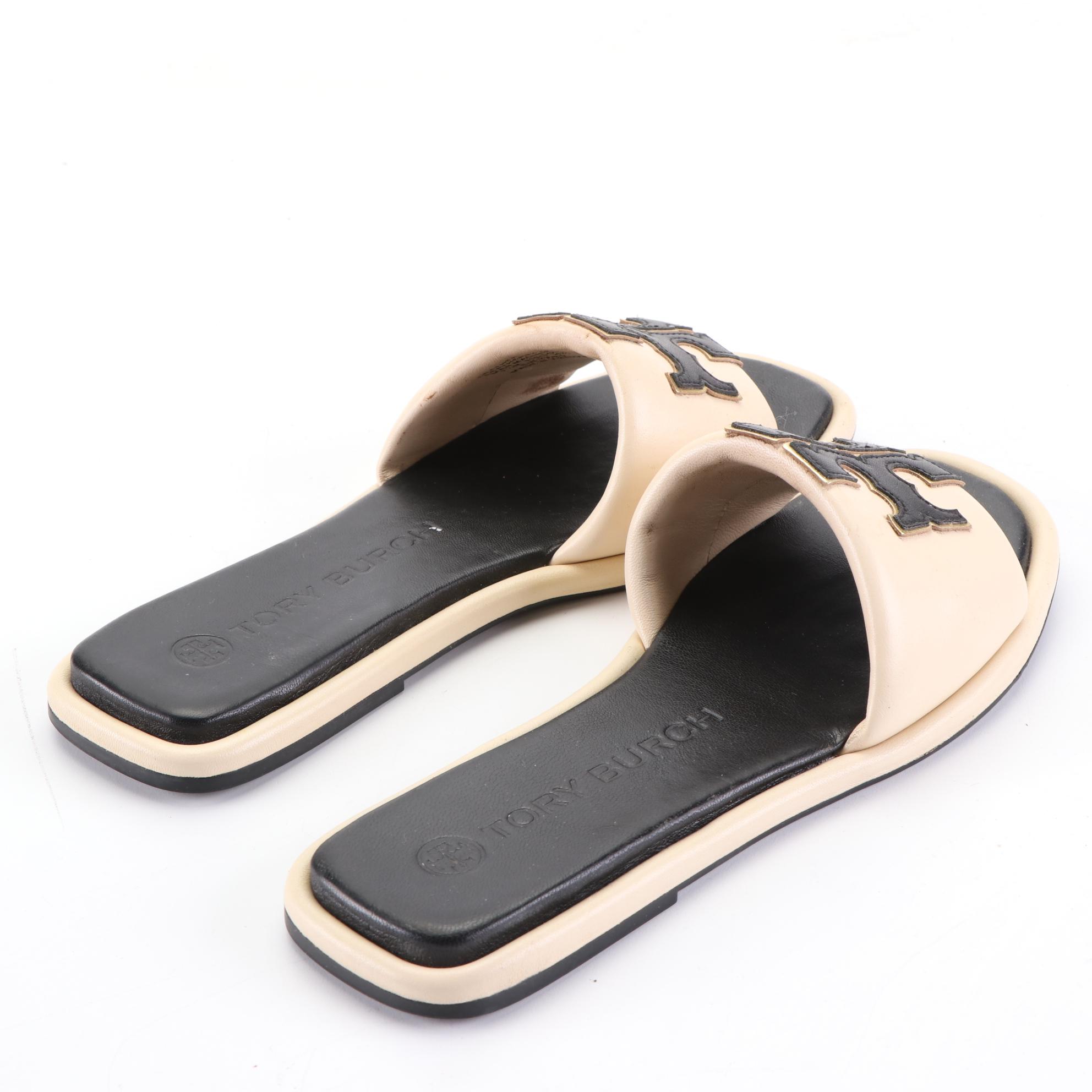 Tory Burch Tweed Backpack, Peep Toe Wedges, and Two Pairs of Slides