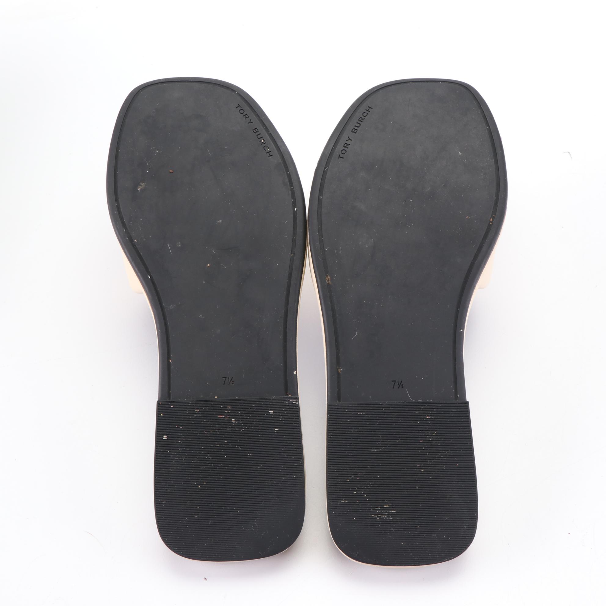 Tory Burch Tweed Backpack, Peep Toe Wedges, and Two Pairs of Slides