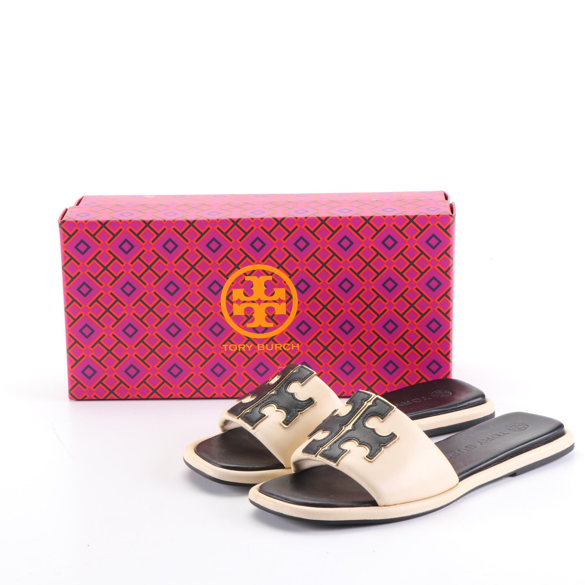 Tory Burch Tweed Backpack, Peep Toe Wedges, and Two Pairs of Slides