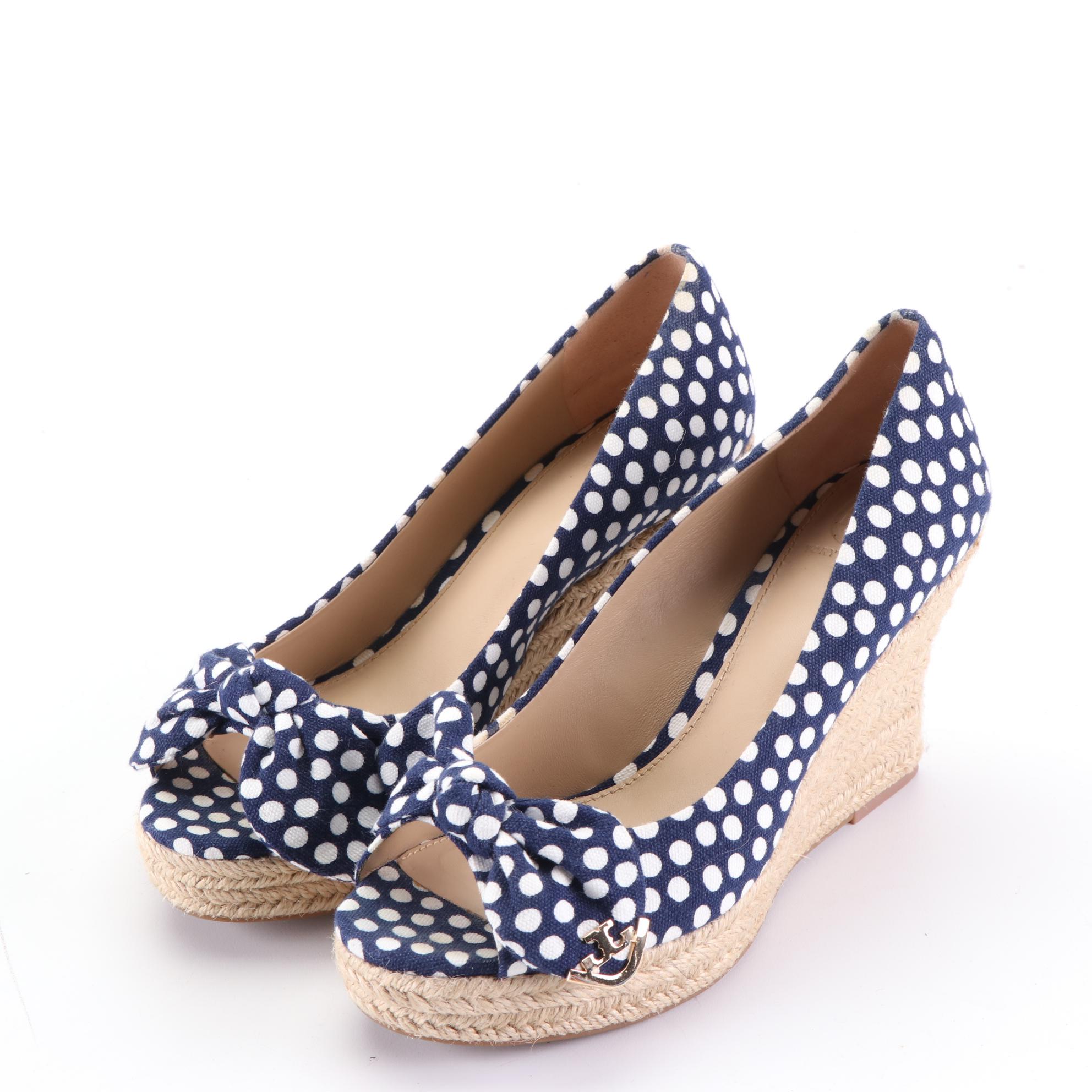 Tory Burch Tweed Backpack, Peep Toe Wedges, and Two Pairs of Slides