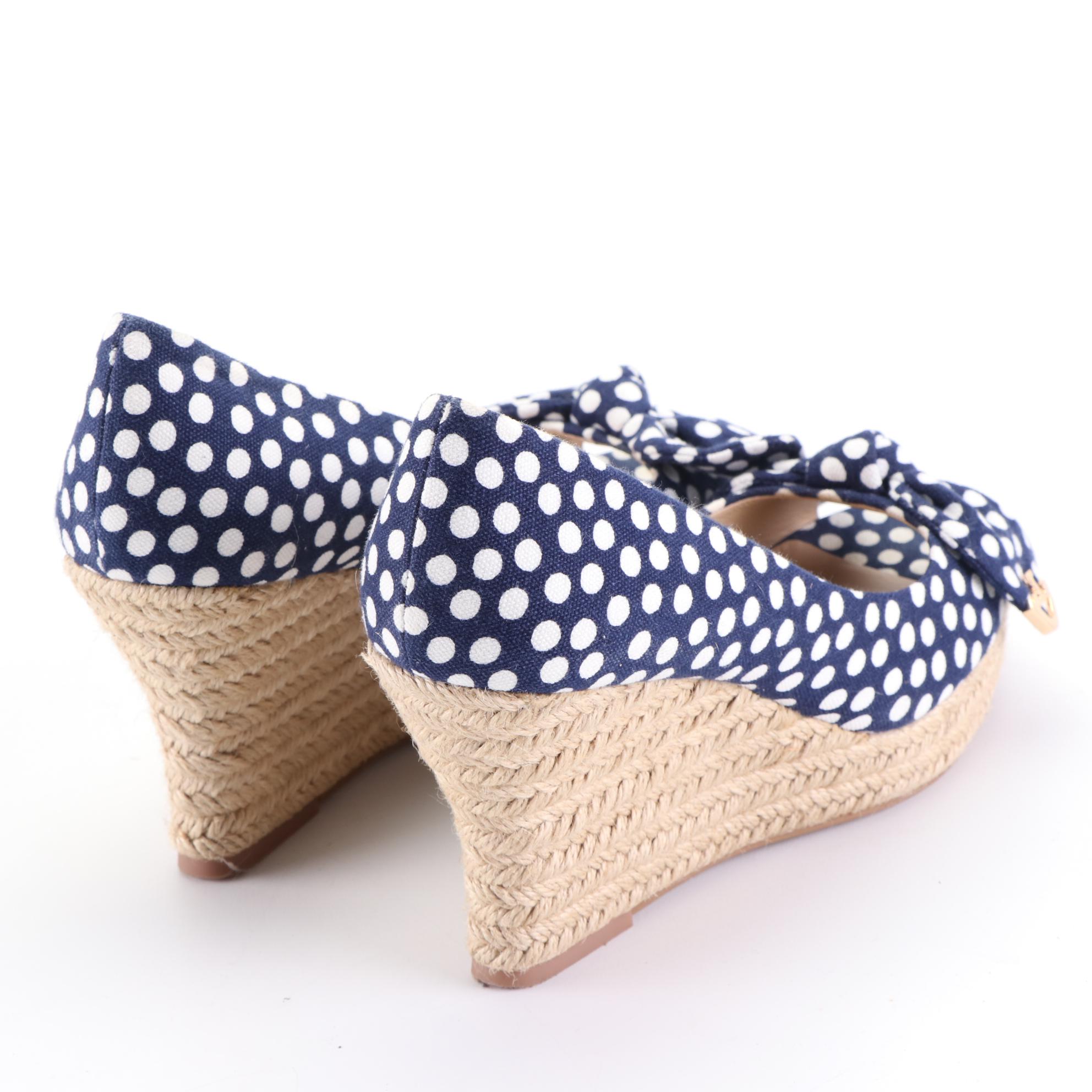 Tory Burch Tweed Backpack, Peep Toe Wedges, and Two Pairs of Slides