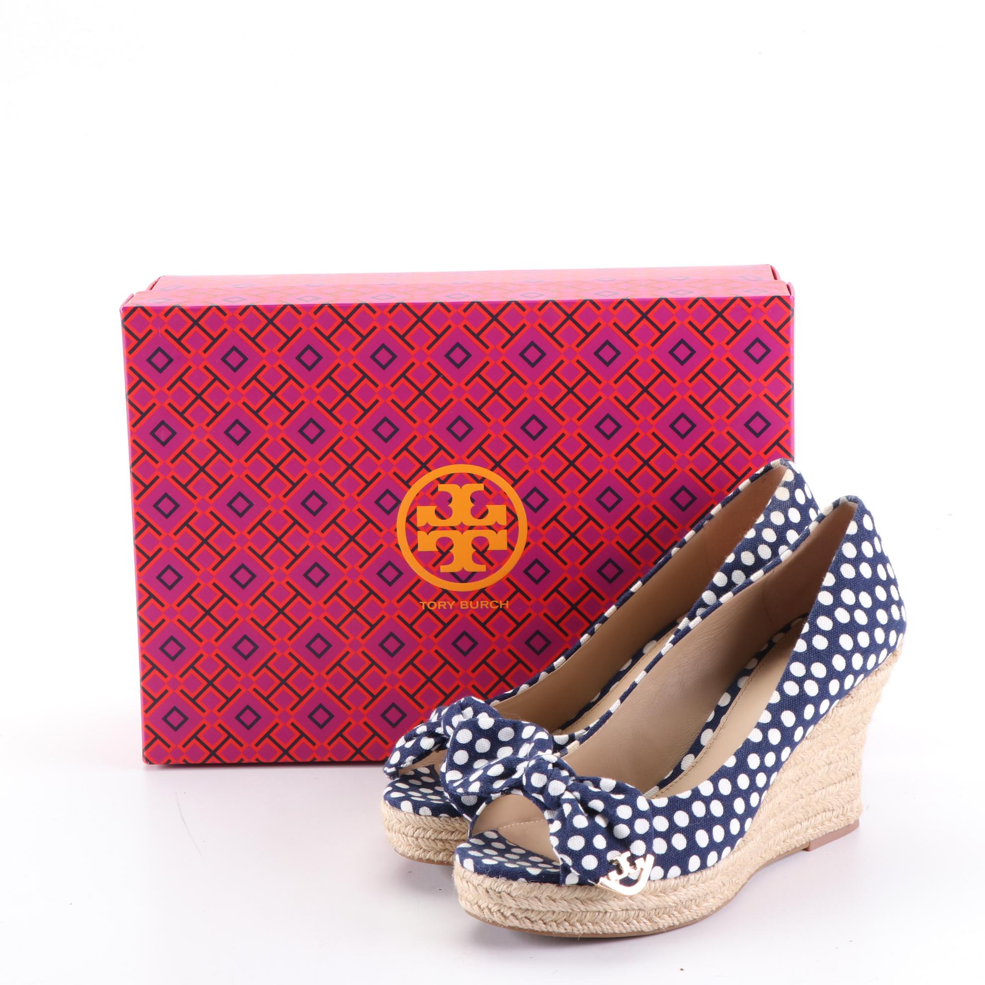 Tory Burch Tweed Backpack, Peep Toe Wedges, and Two Pairs of Slides