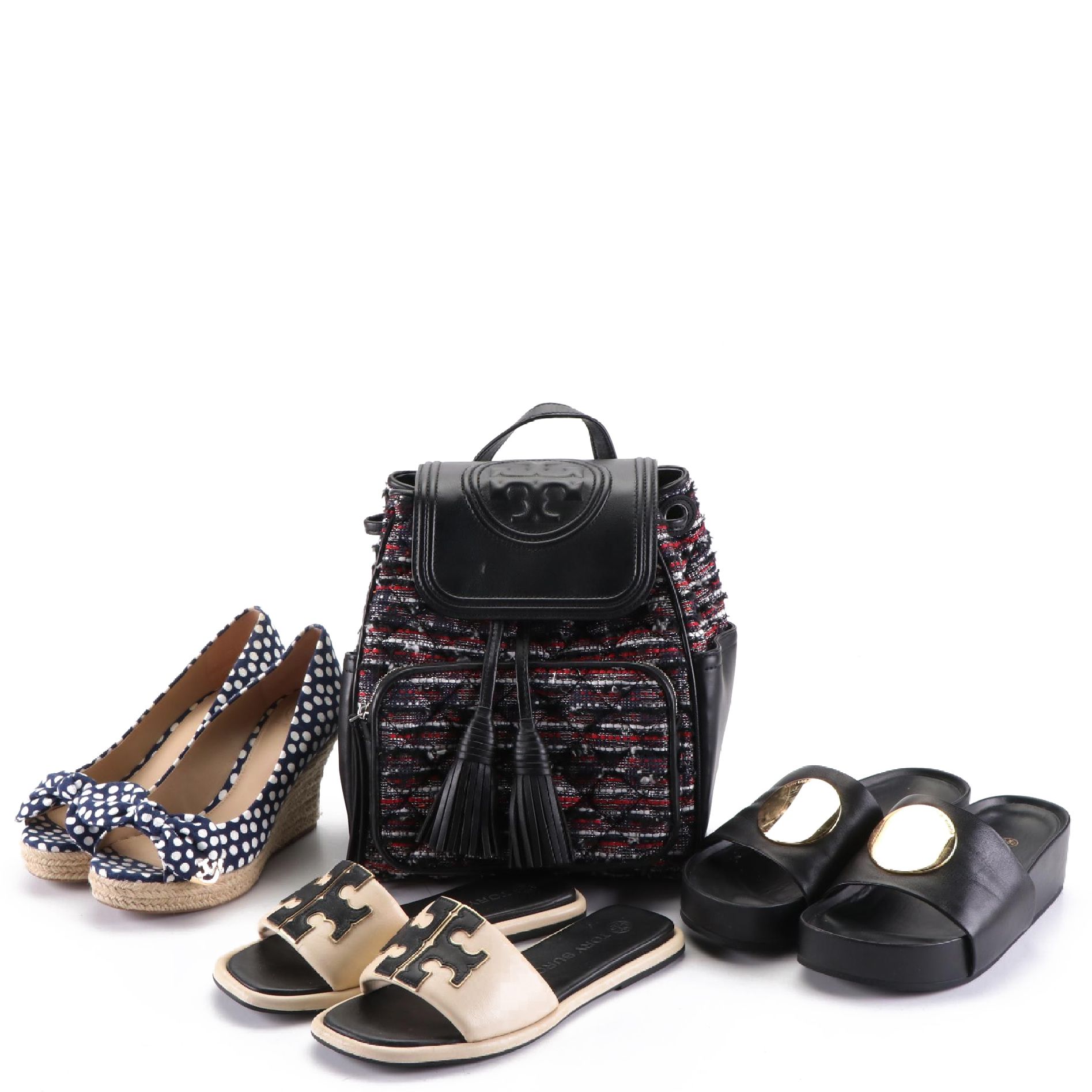Tory Burch Tweed Backpack, Peep Toe Wedges, and Two Pairs of Slides