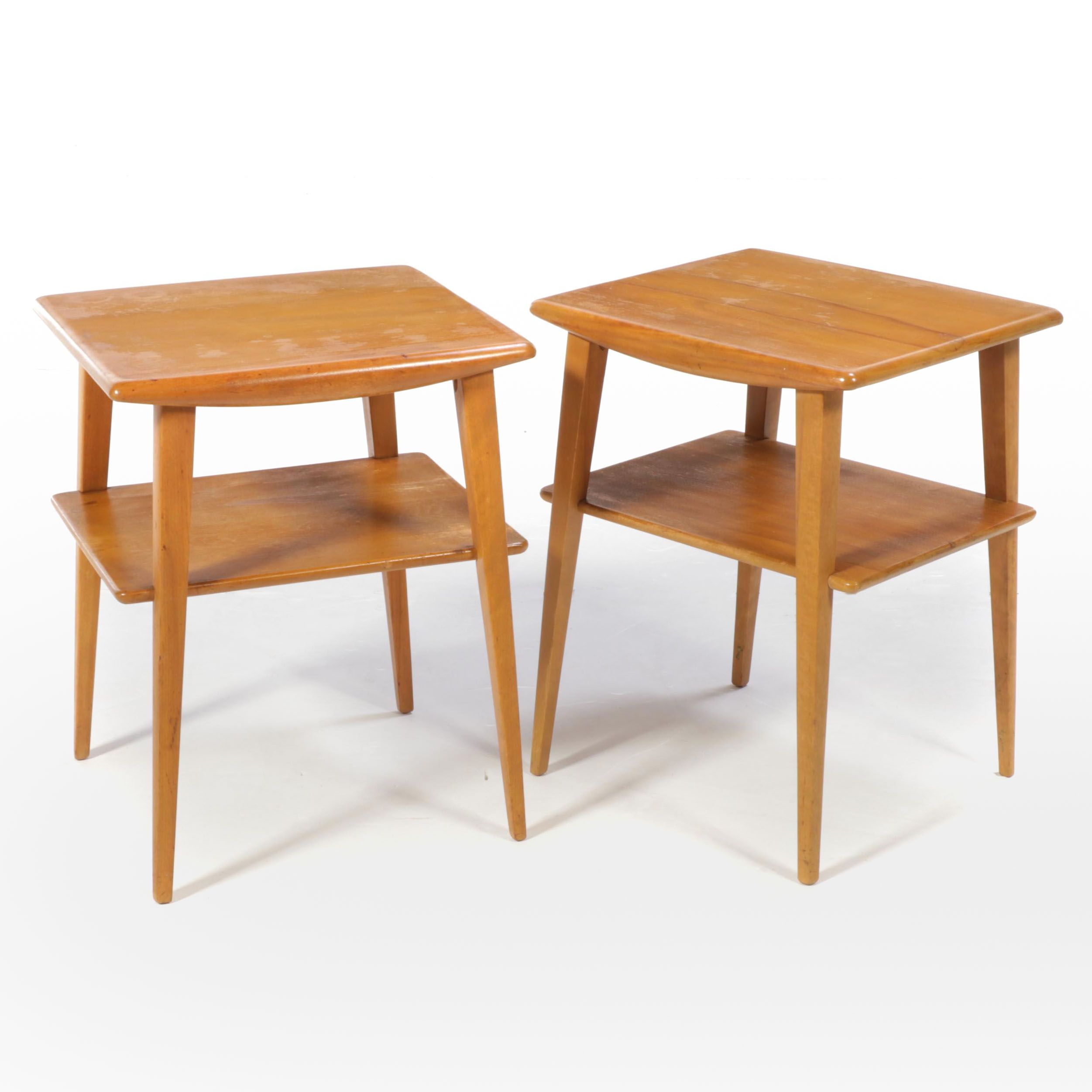 Pair of Heywood-Wakefield Mid Century Modern Blonde-Finish Tiered End Tables-