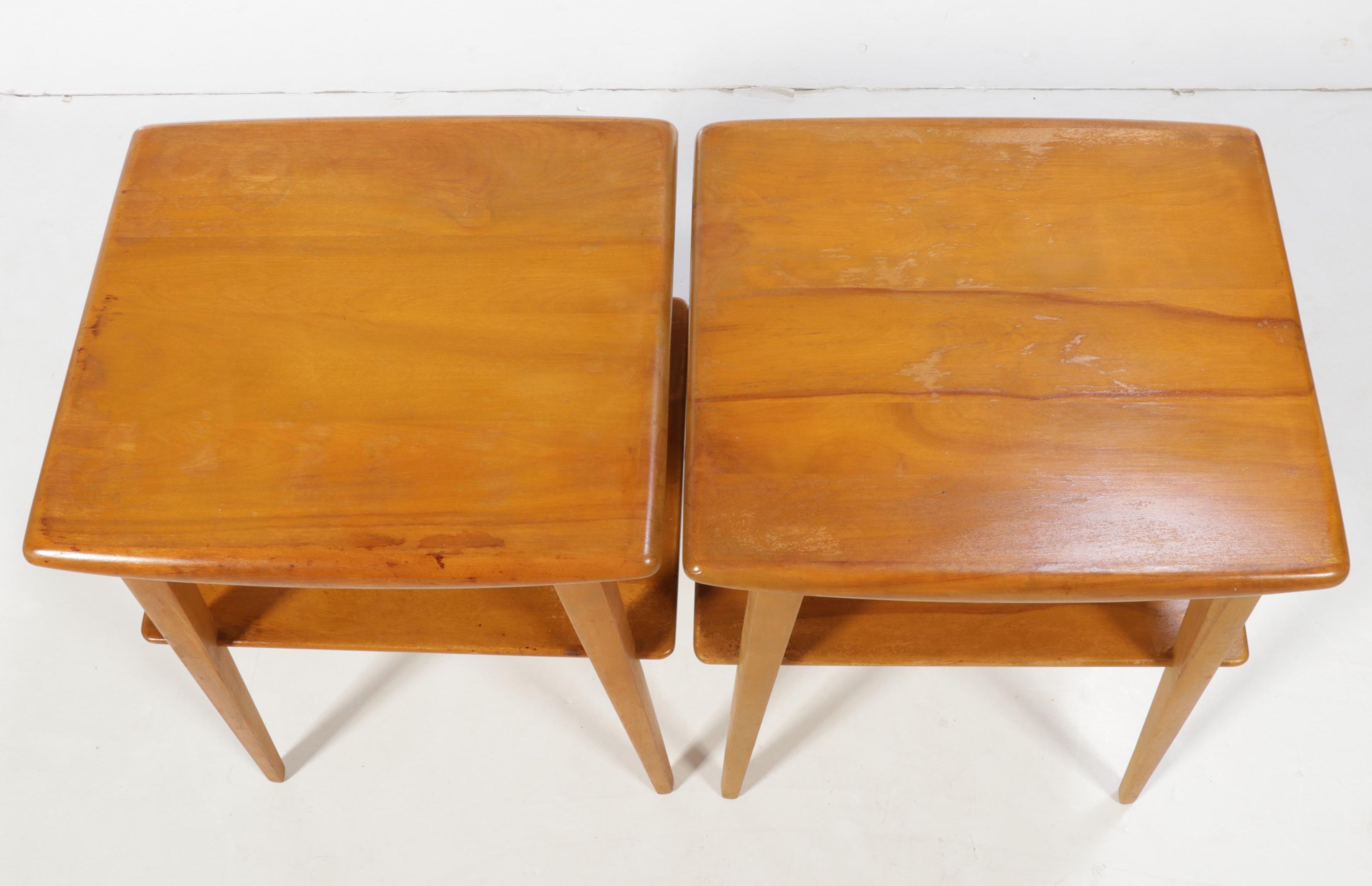 Pair of Heywood-Wakefield Mid Century Modern Blonde-Finish Tiered End Tables-