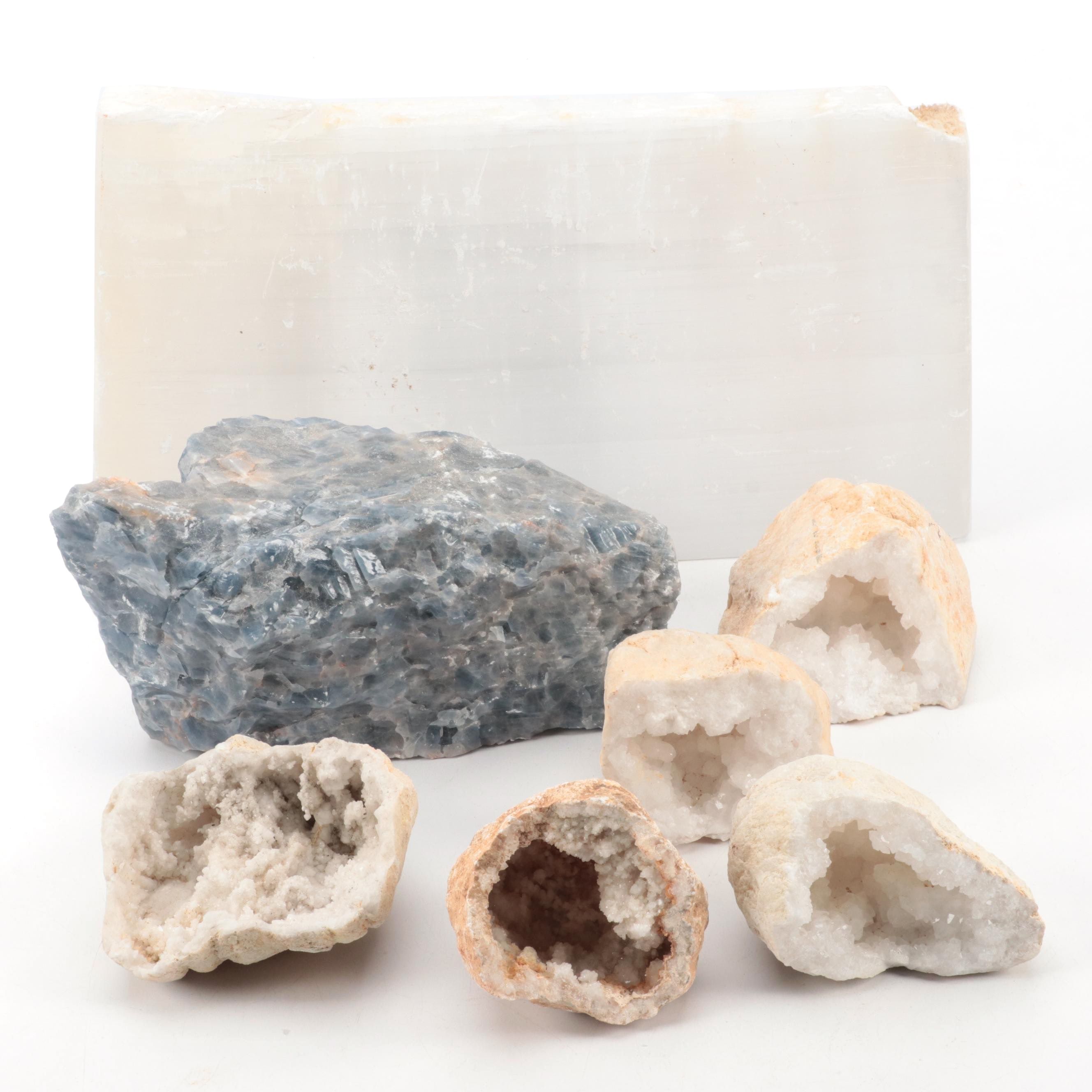 Clear Quartz Geodes With Blue Quartz and Selenite Specimens