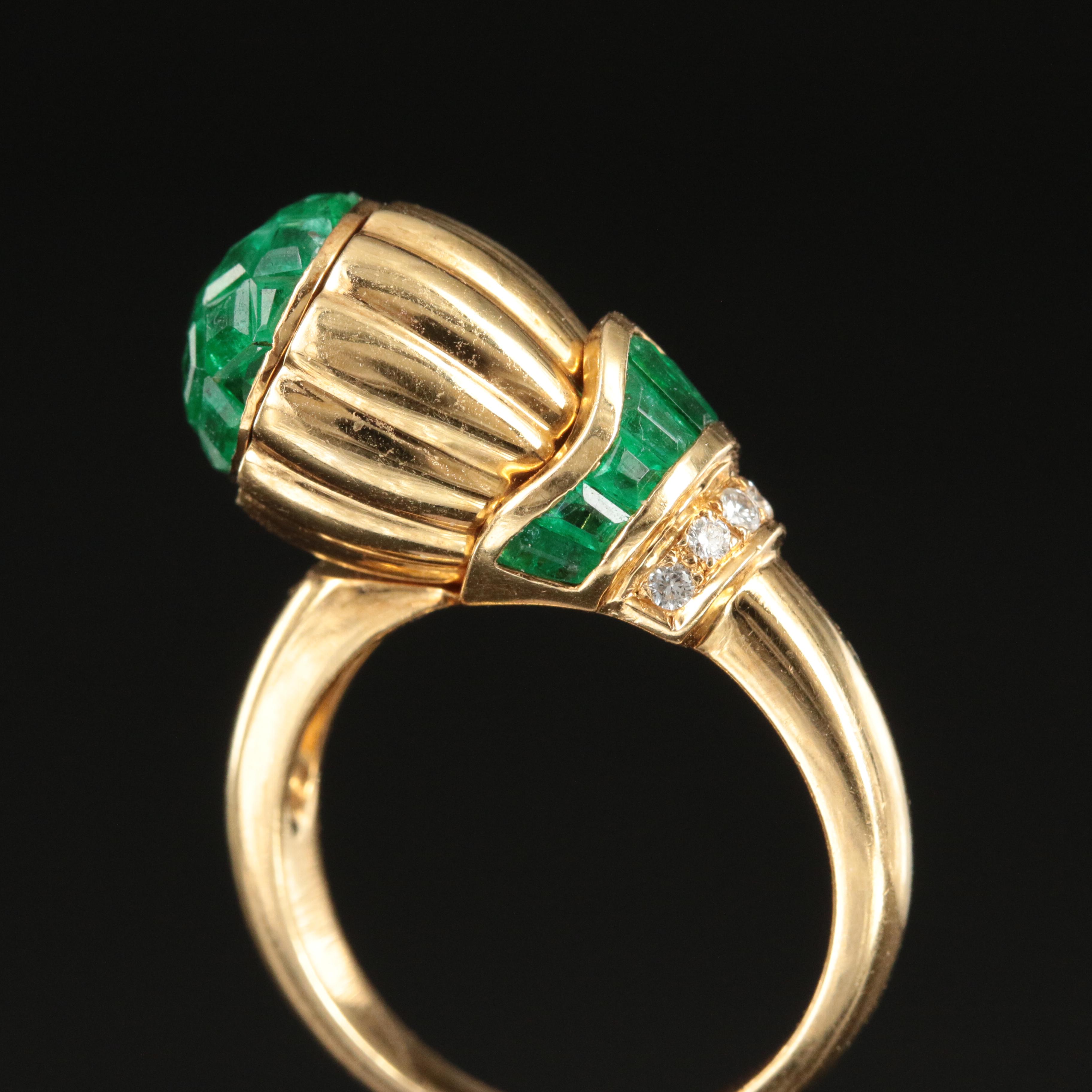 Vintage Renaissance Inspired 18K Emerald and Diamond Fluted Thistle Ring