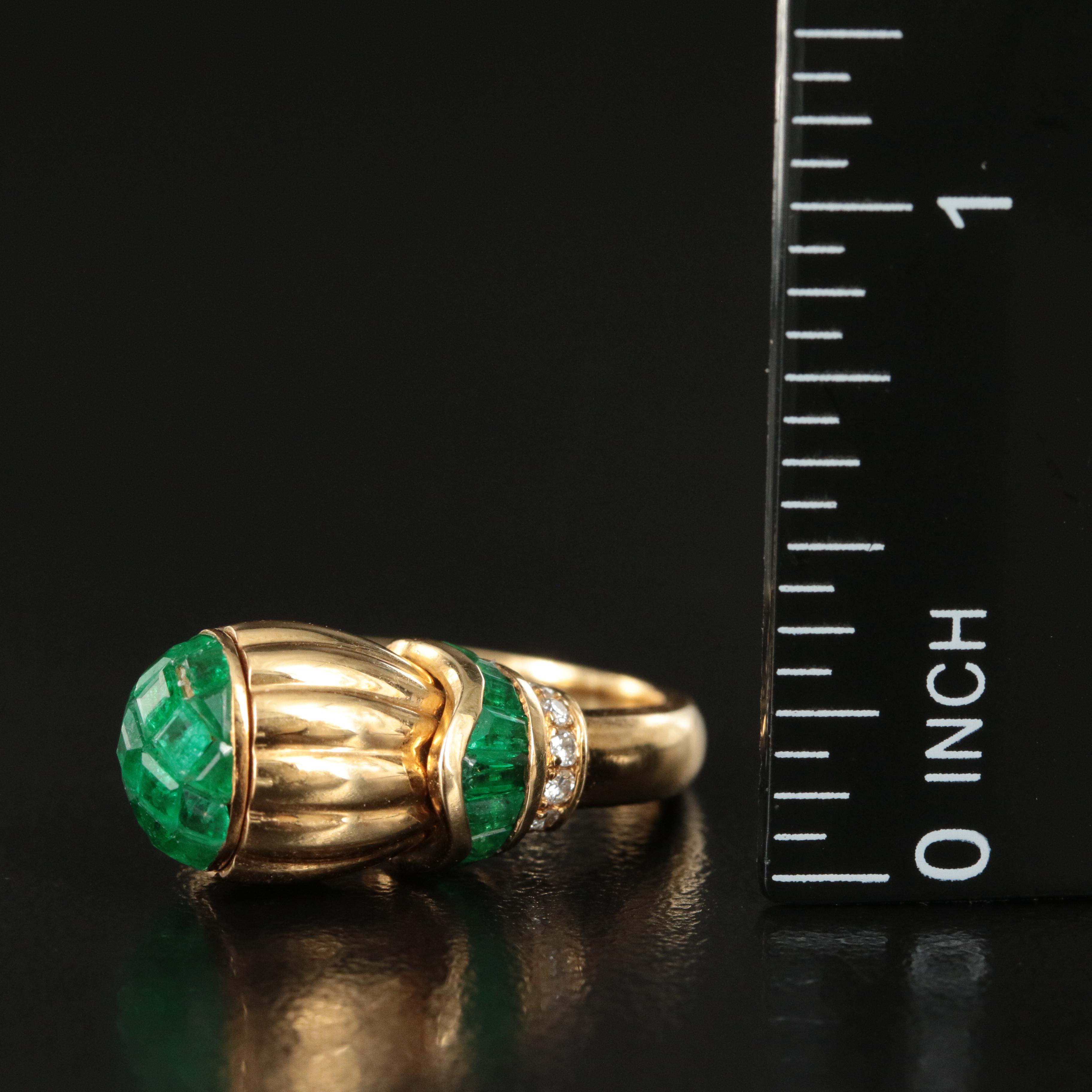Vintage Renaissance Inspired 18K Emerald and Diamond Fluted Thistle Ring