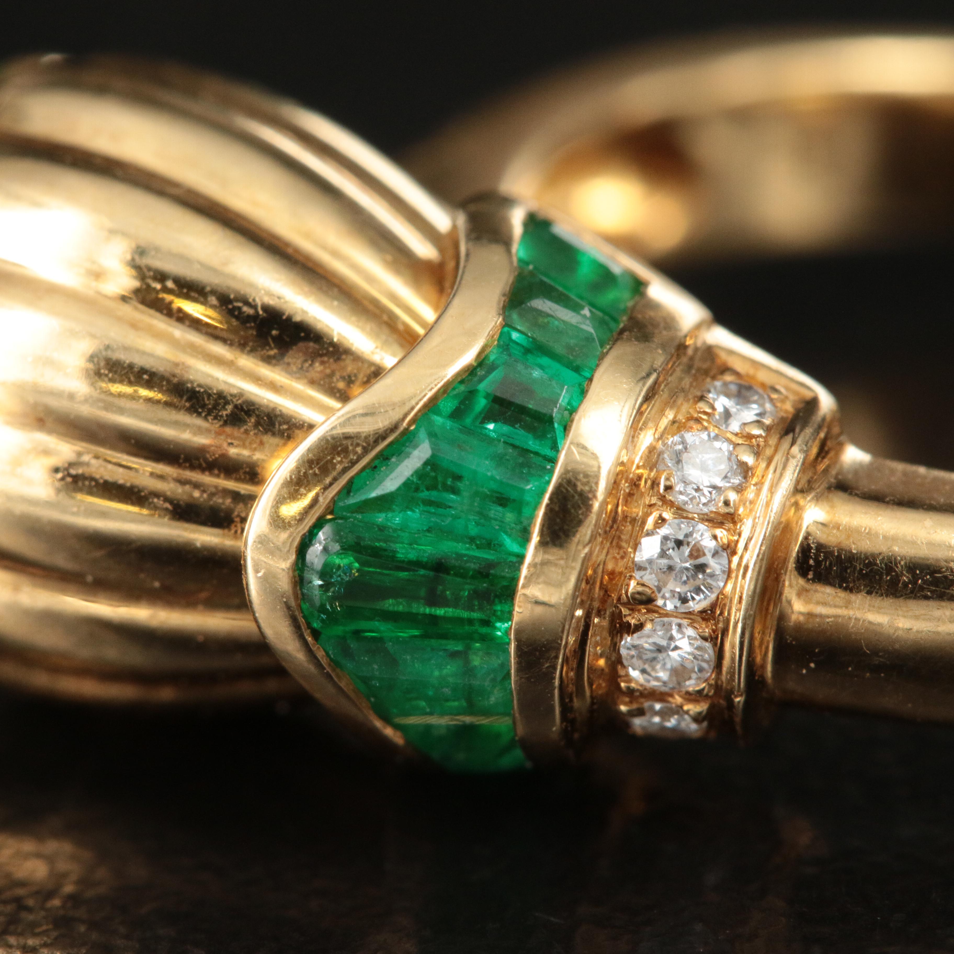 Vintage Renaissance Inspired 18K Emerald and Diamond Fluted Thistle Ring