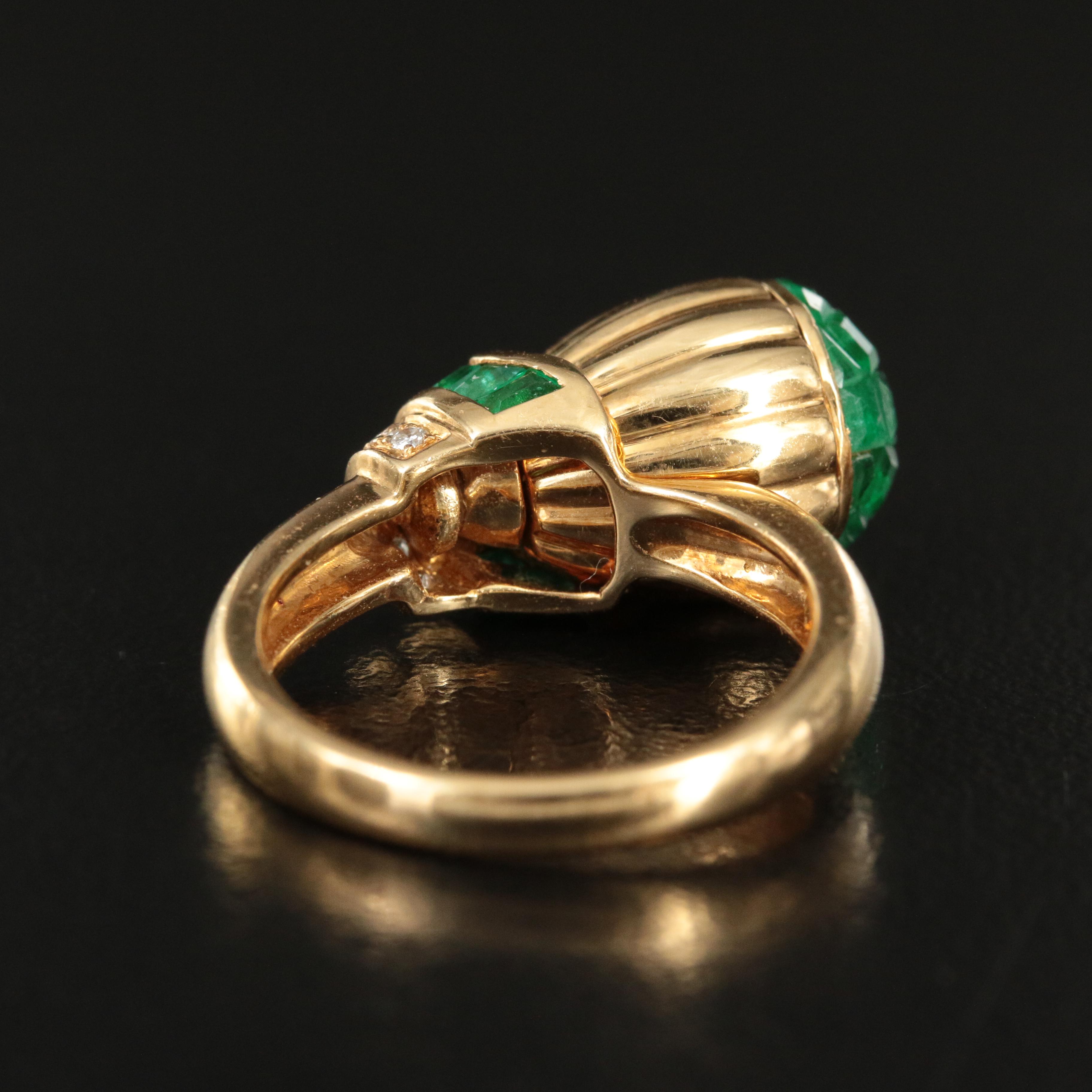 Vintage Renaissance Inspired 18K Emerald and Diamond Fluted Thistle Ring