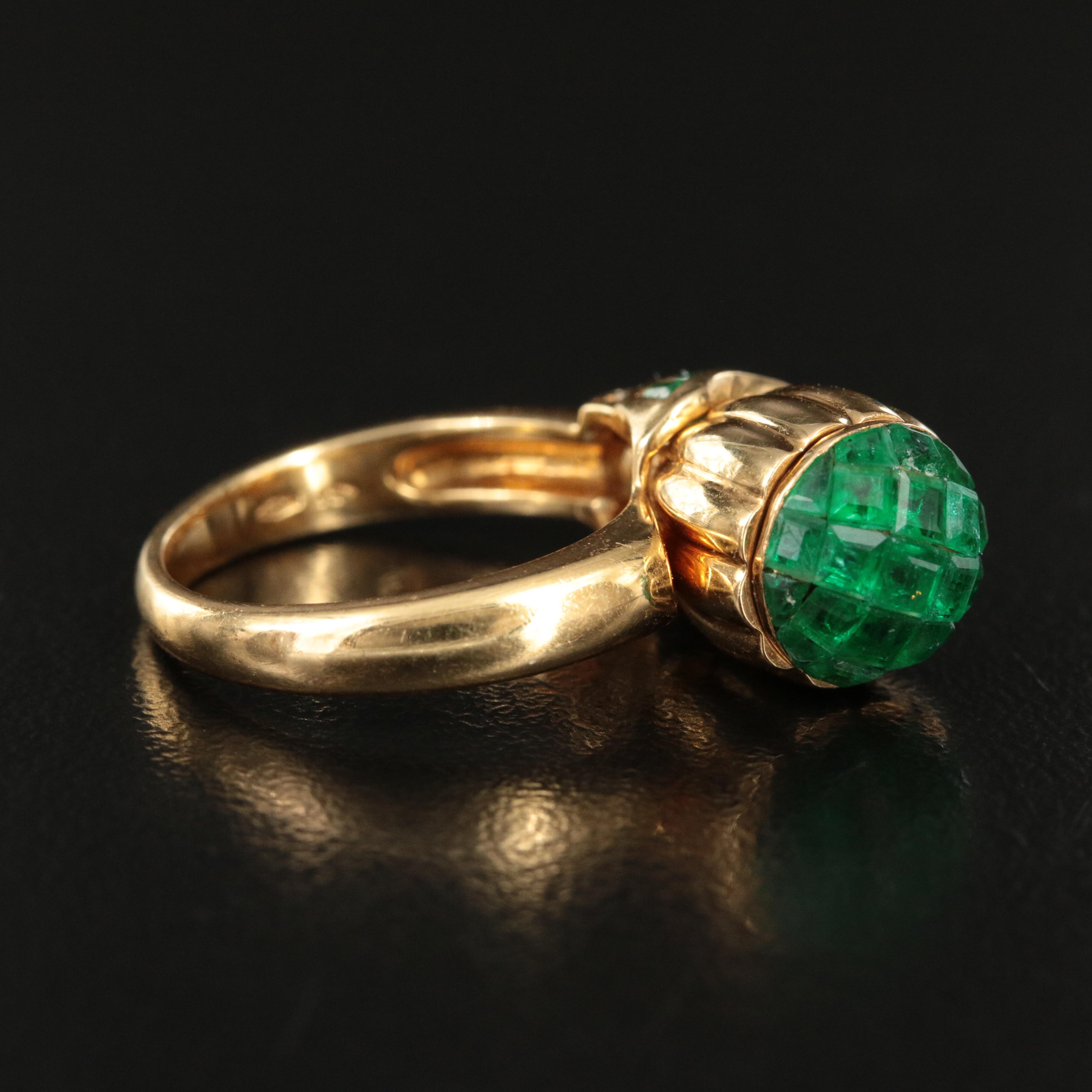 Vintage Renaissance Inspired 18K Emerald and Diamond Fluted Thistle Ring
