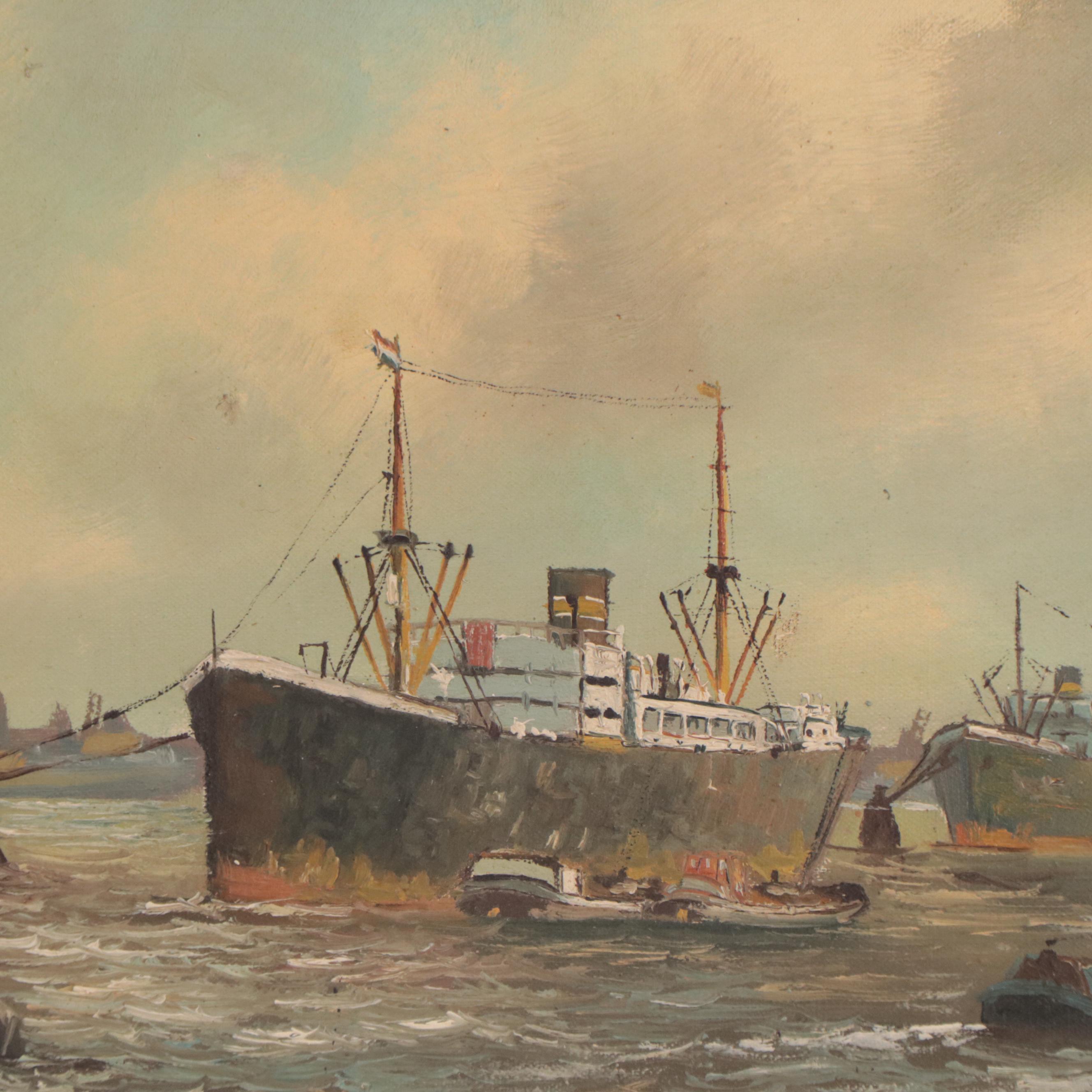 Oil Painting of Ships in Harbor Scene