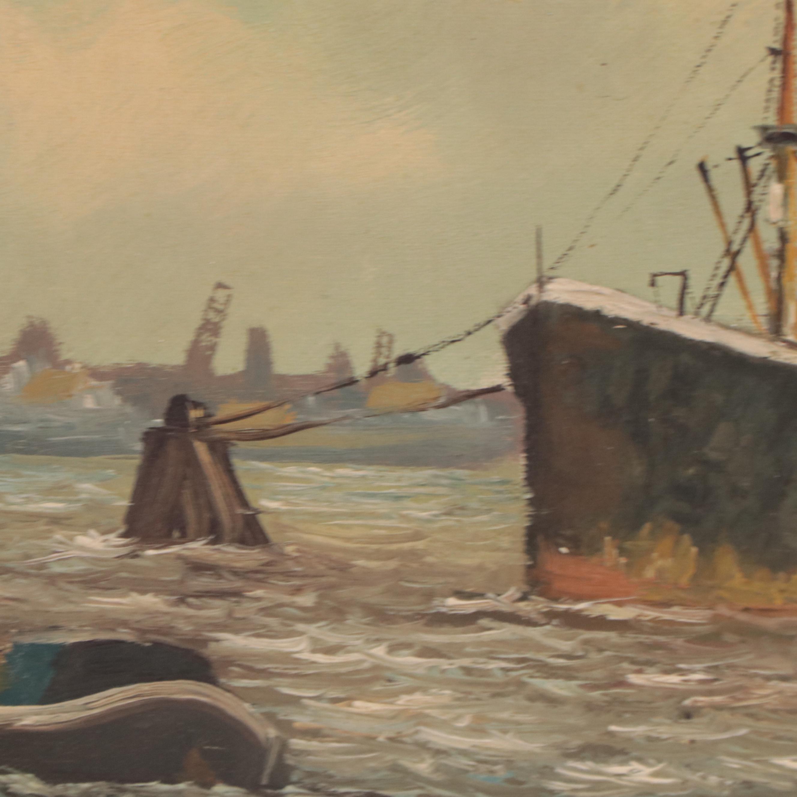 Oil Painting of Ships in Harbor Scene