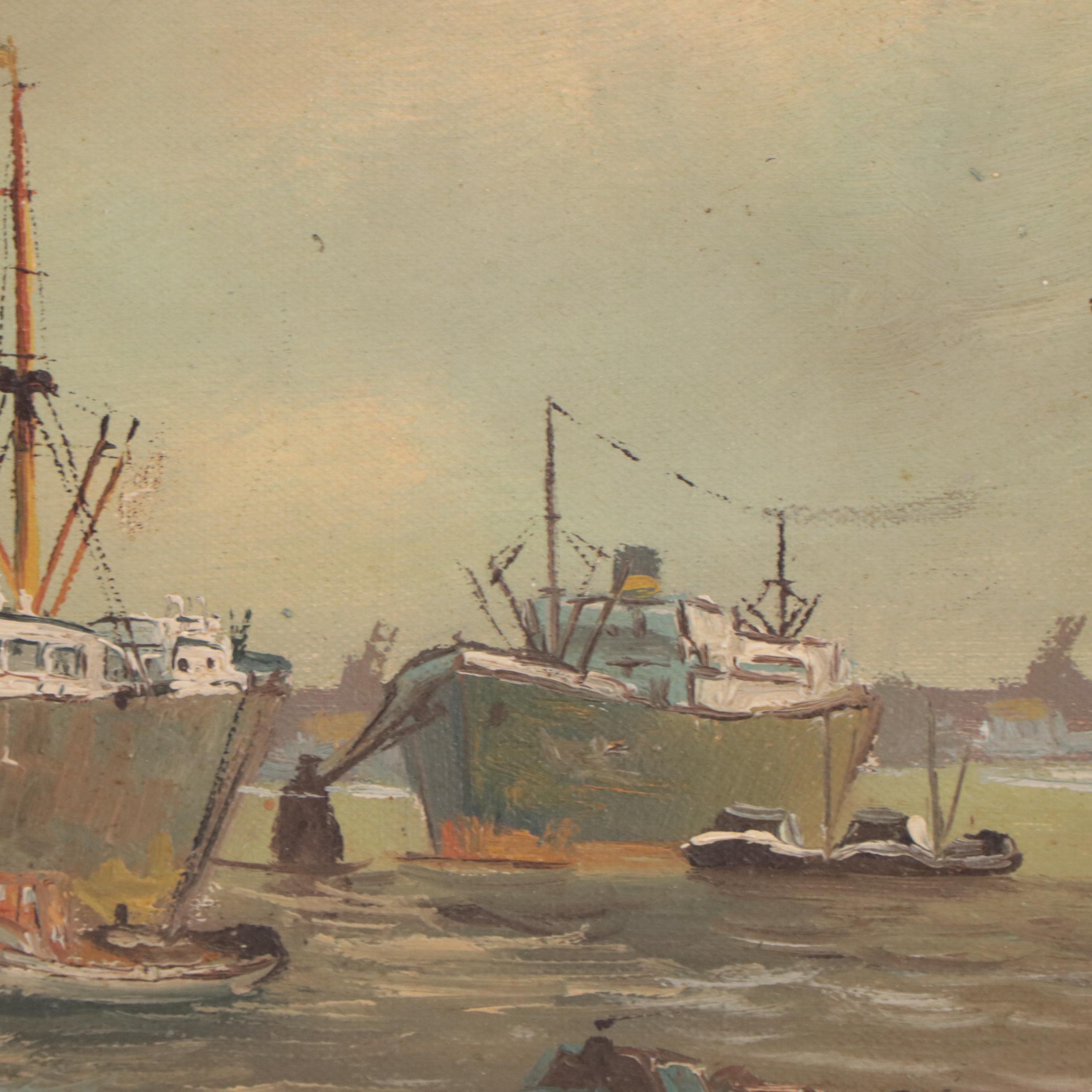 Oil Painting of Ships in Harbor Scene