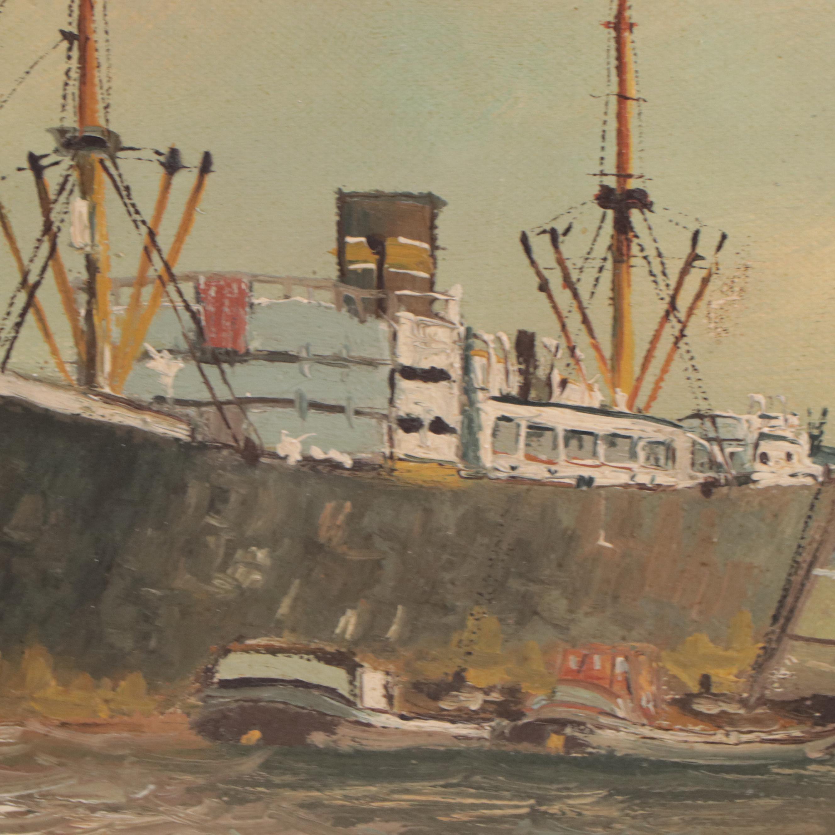 Oil Painting of Ships in Harbor Scene