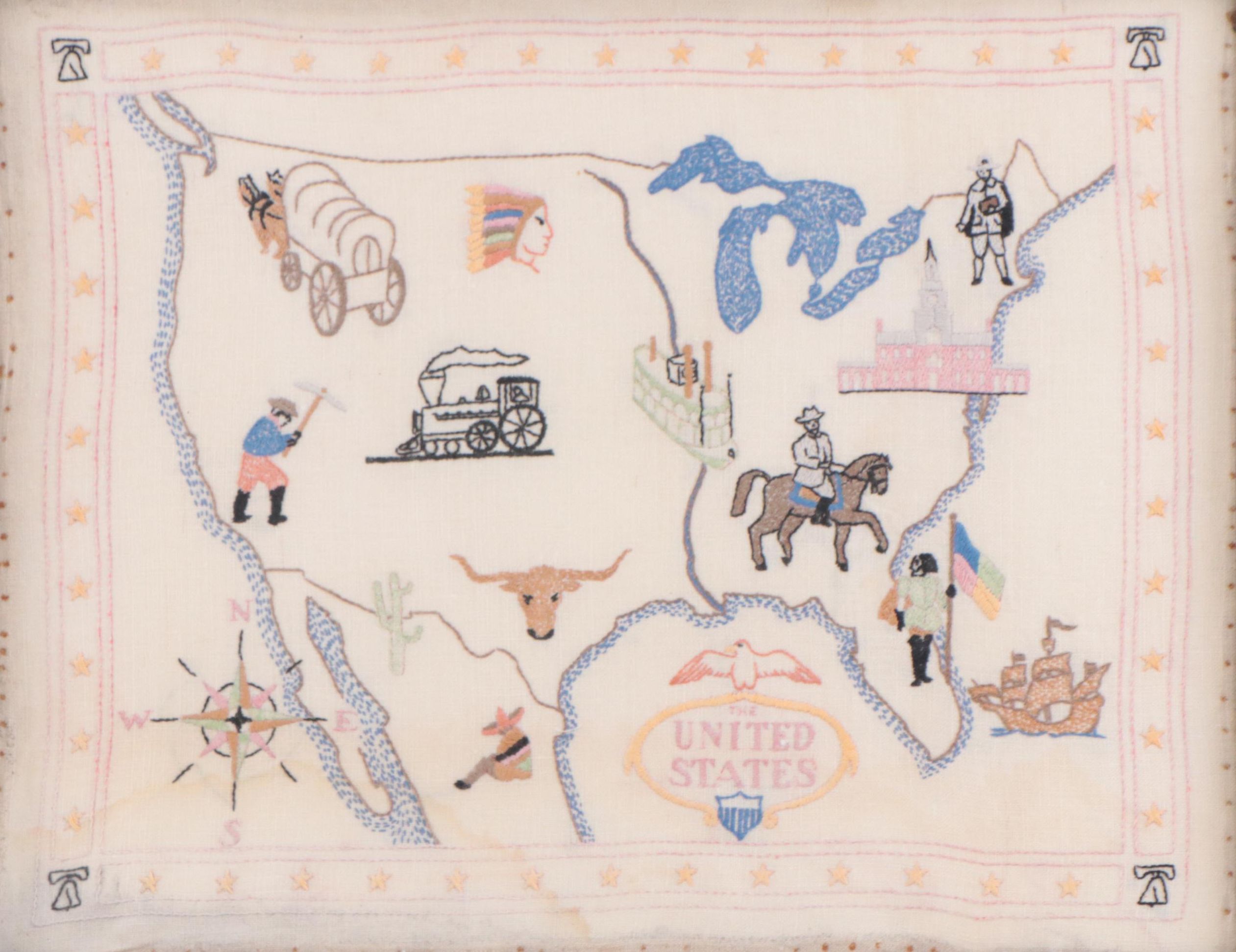 Handmade Embroidery Textile Map of the United States