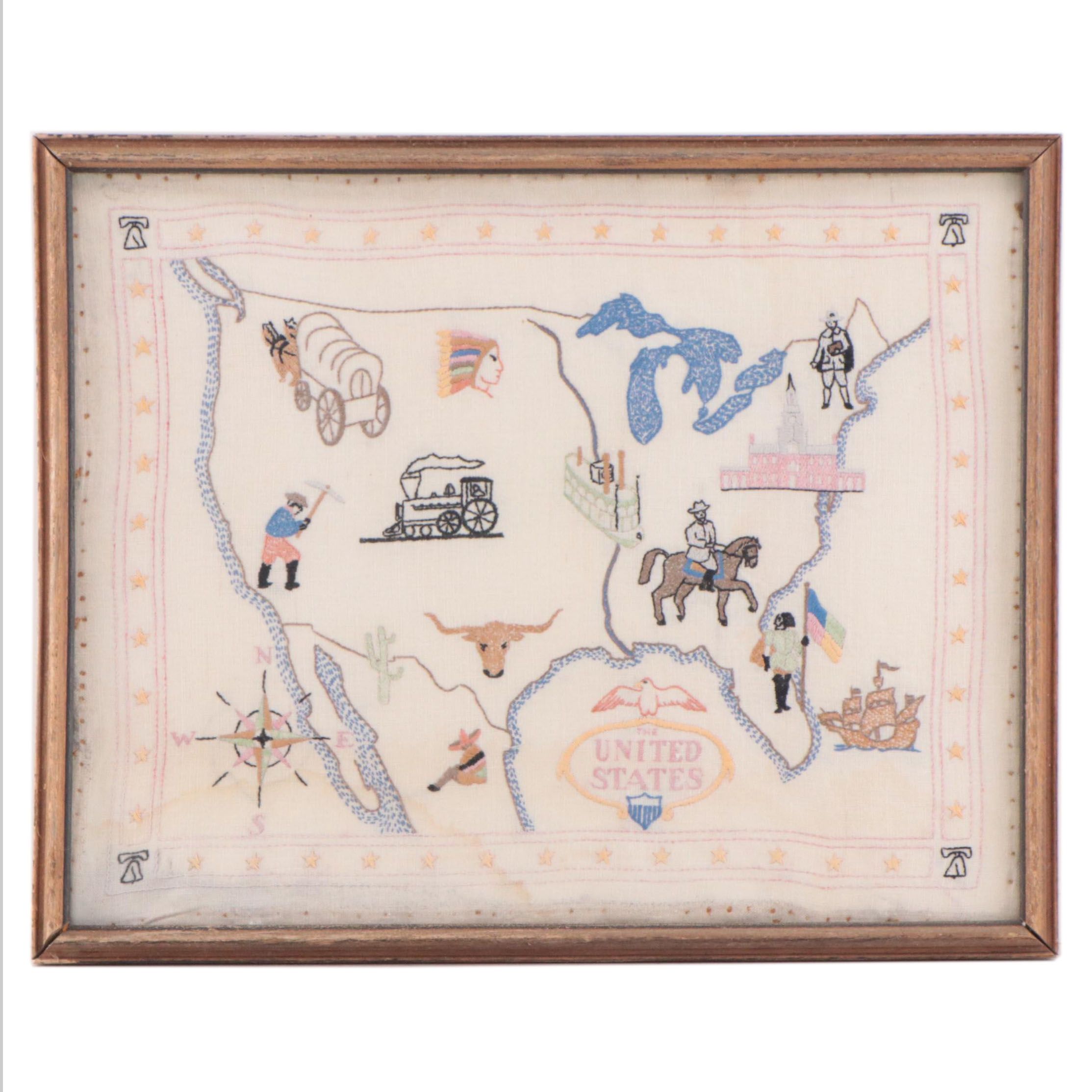 Handmade Embroidery Textile Map of the United States