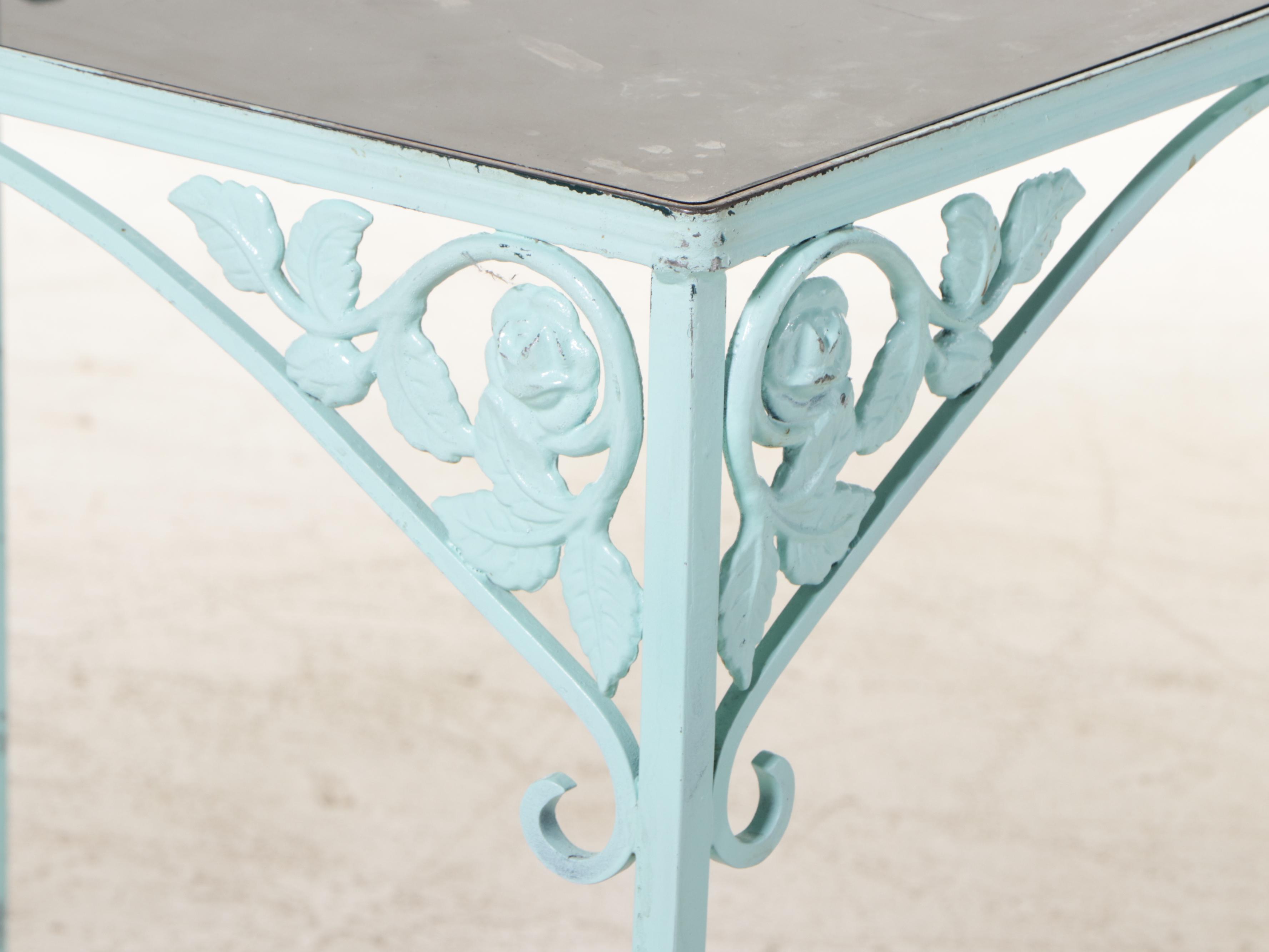 Three-Piece Painted and Cast Metal Patio Bistro Set with Smoked Glass Top