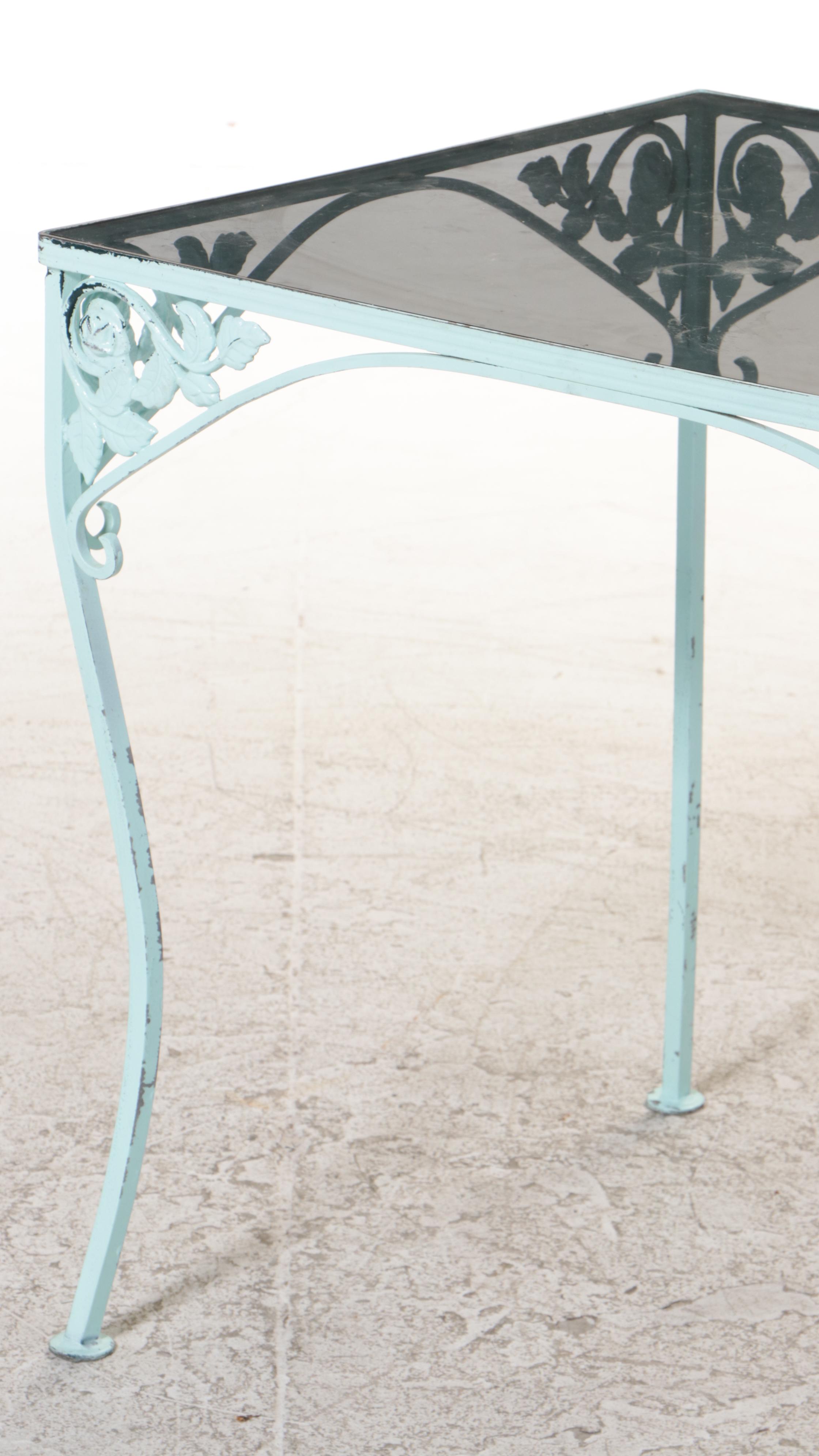 Three-Piece Painted and Cast Metal Patio Bistro Set with Smoked Glass Top