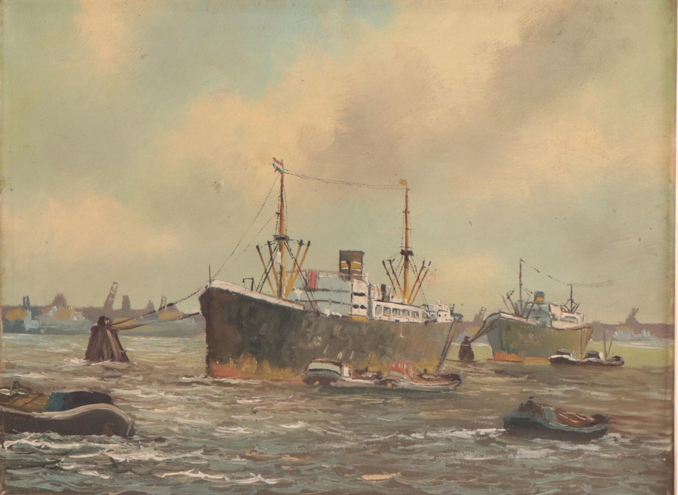 Oil Painting of Ships in Harbor Scene