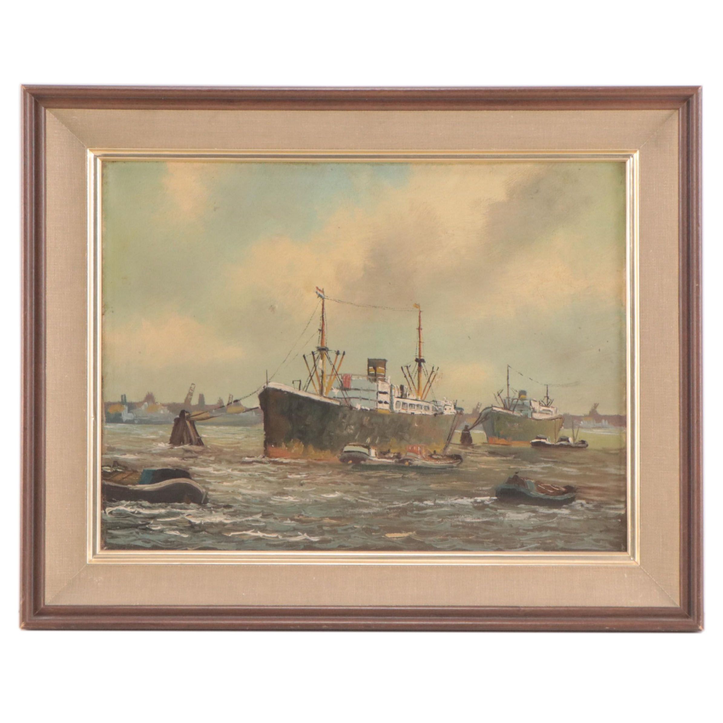 Oil Painting of Ships in Harbor Scene