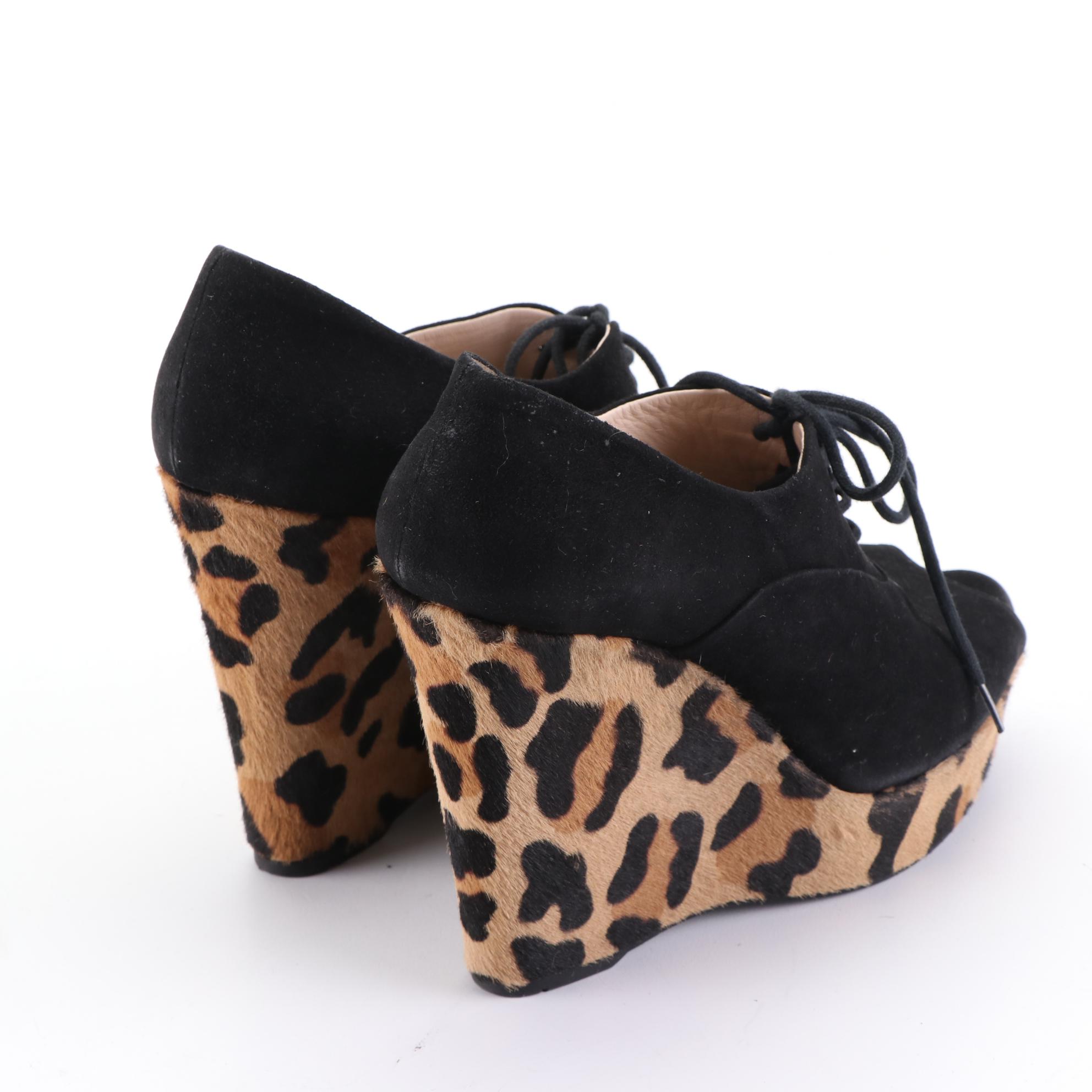 Prada Peep-Toe Lace-Up Wedges in Black Suede and Leopard Print Pony Hair