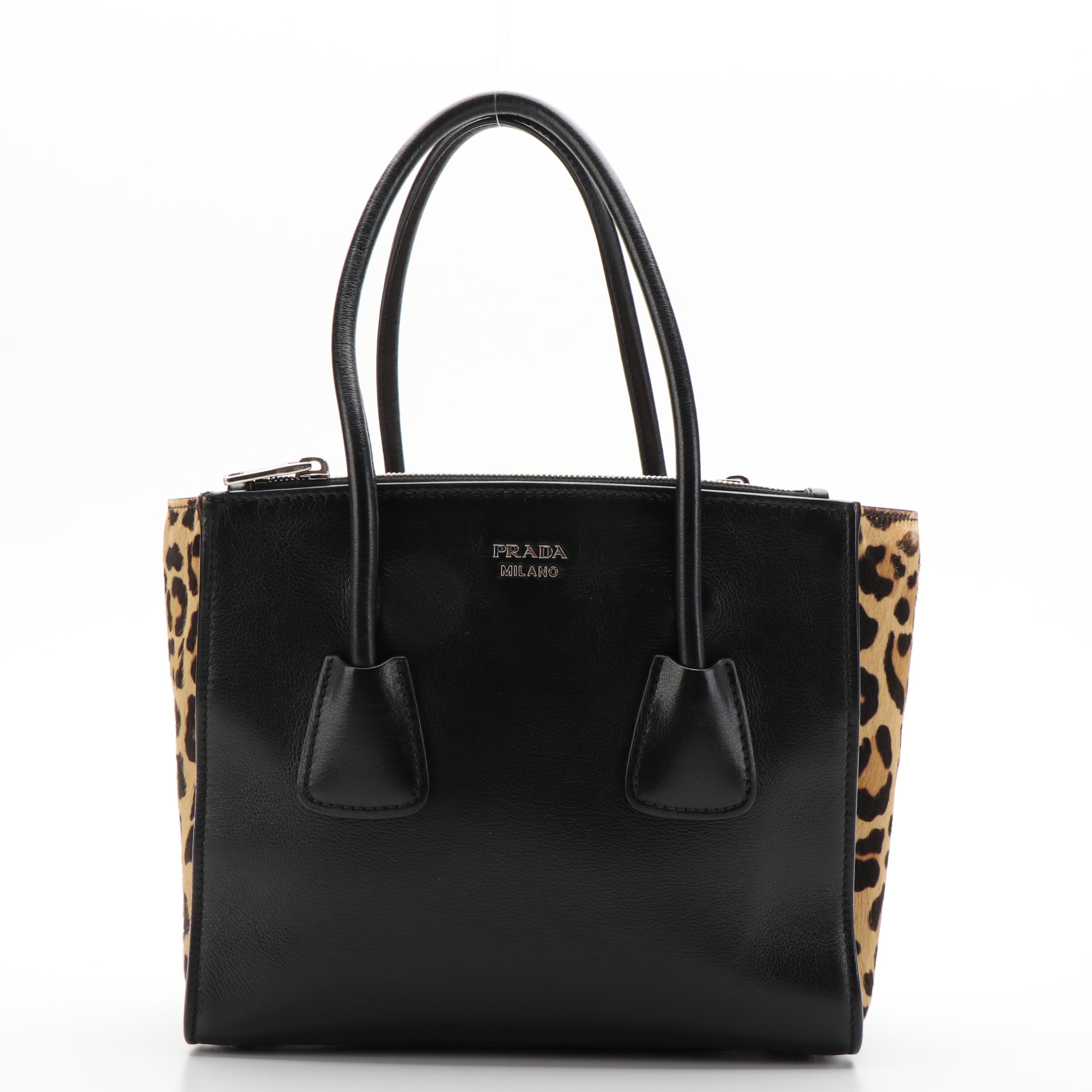 Prada Twin-Pocket Tote in Printed Calfhair and Black Leather