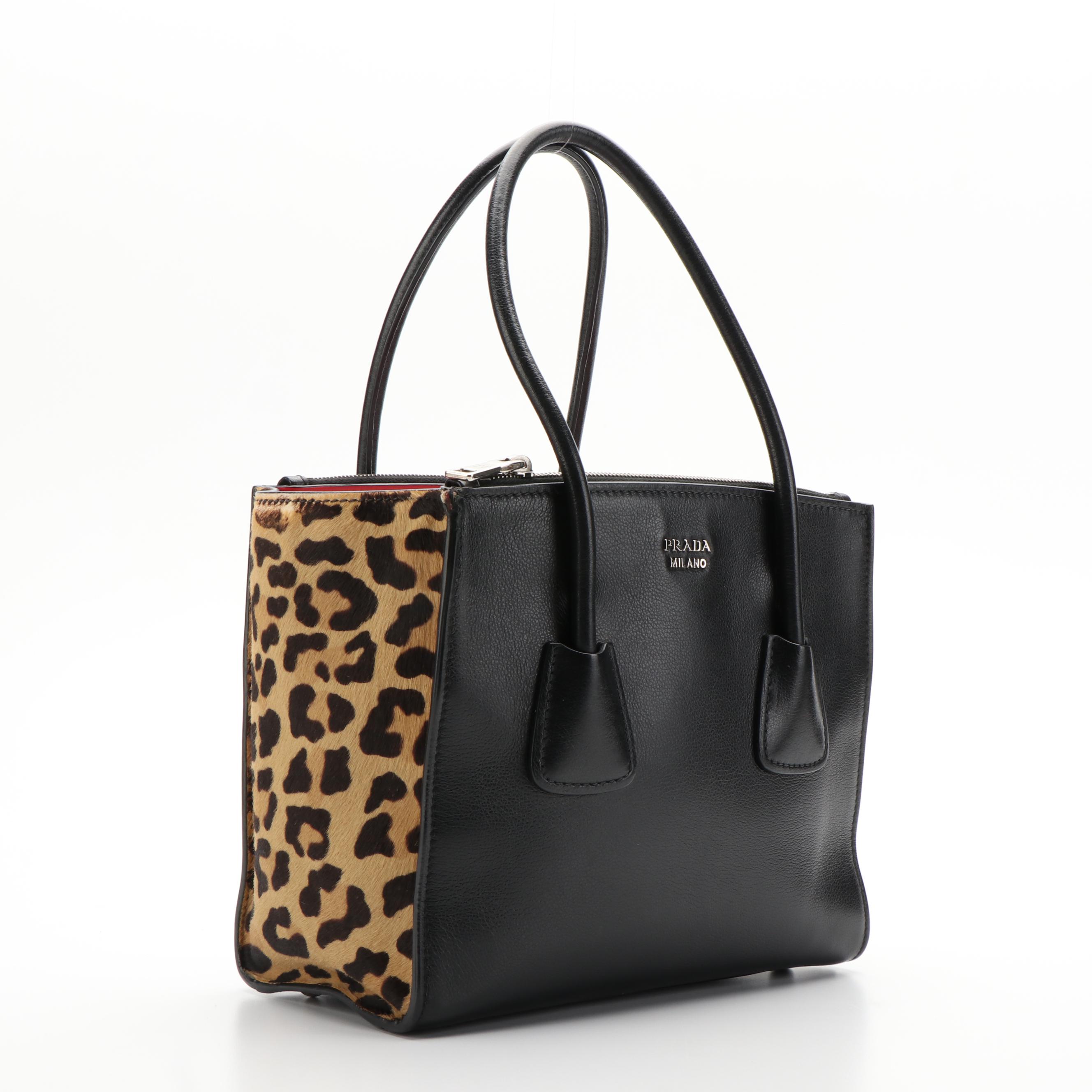 Prada Twin-Pocket Tote in Printed Calfhair and Black Leather