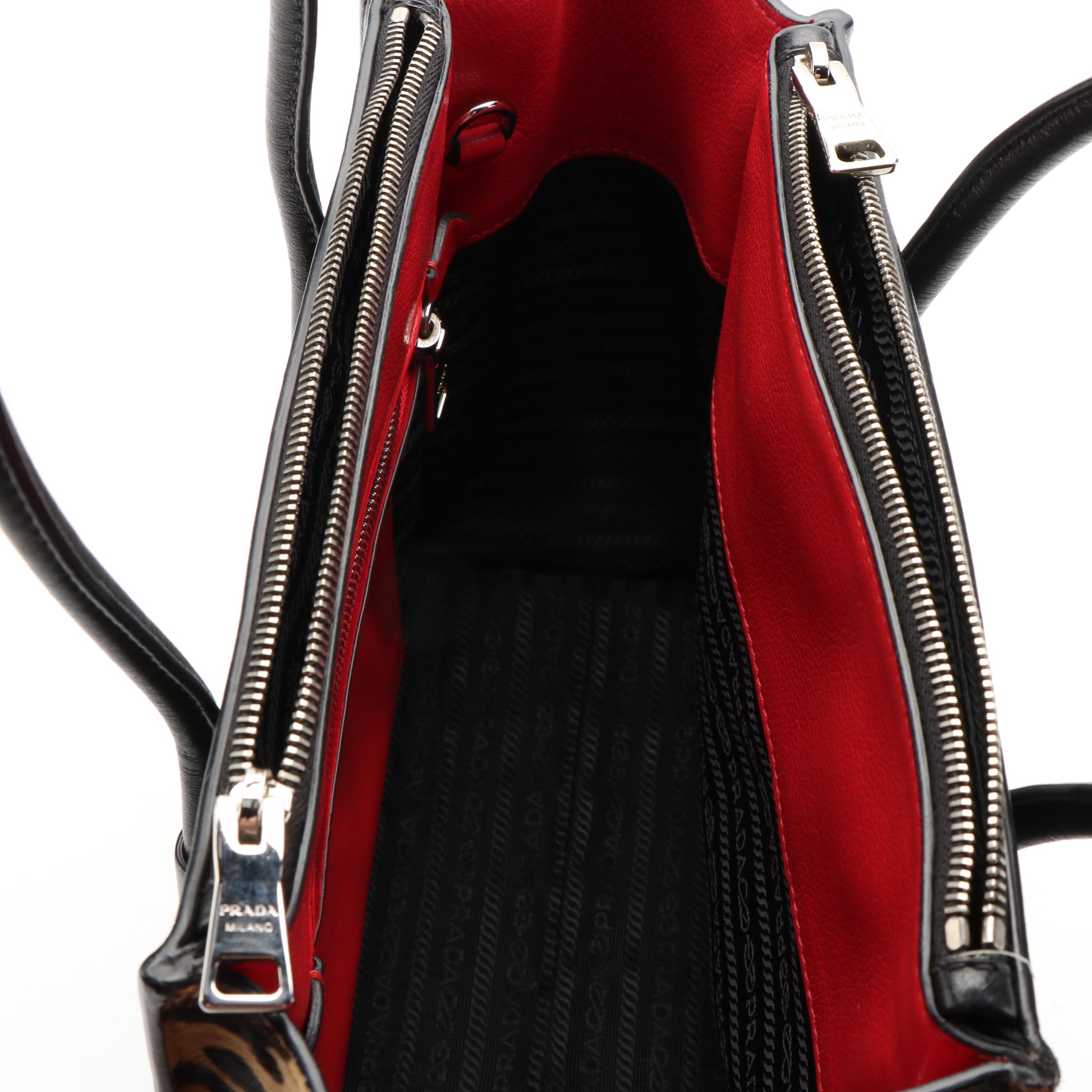 Prada Twin-Pocket Tote in Printed Calfhair and Black Leather