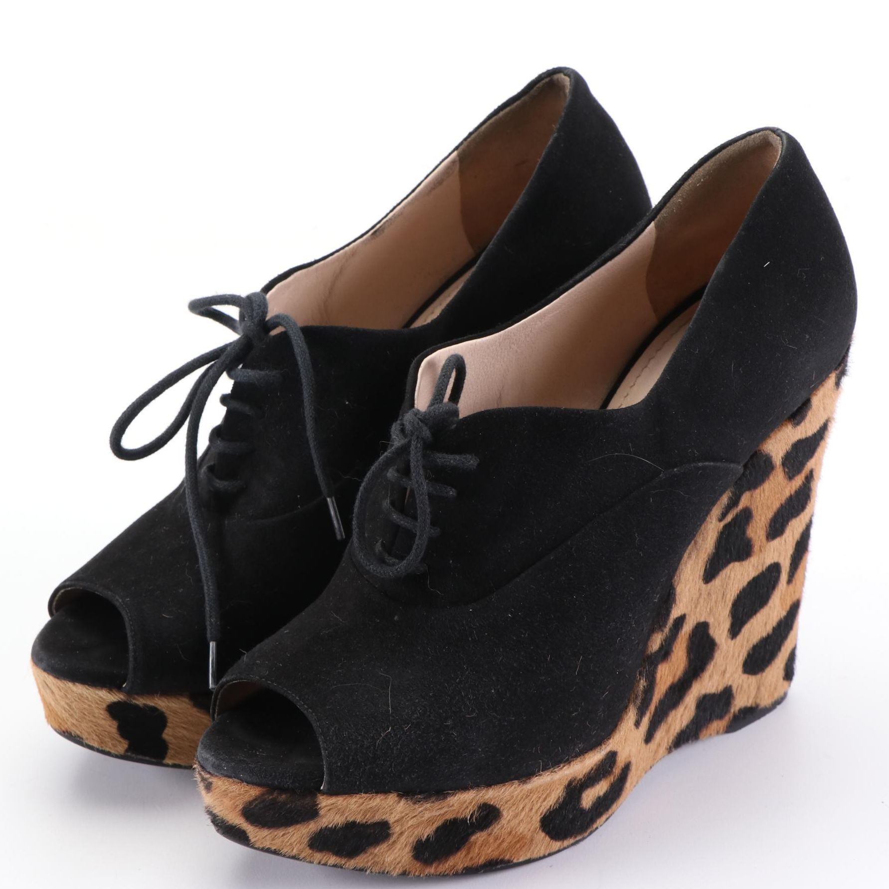 Prada Peep-Toe Lace-Up Wedges in Black Suede and Leopard Print Pony Hair