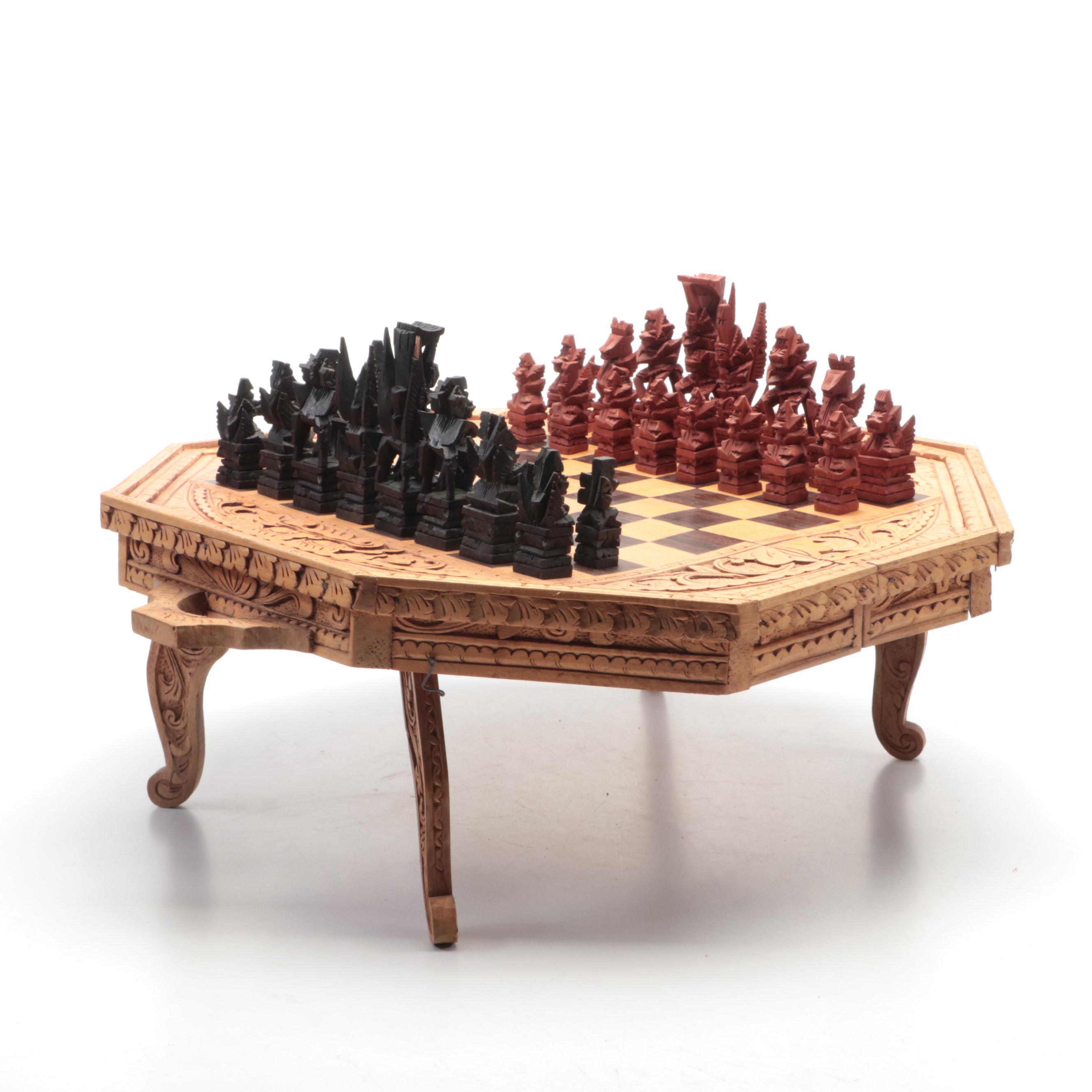 Ornate Carved Wood 2-in-1 Chess and Backgammon Game Board with Game Pieces