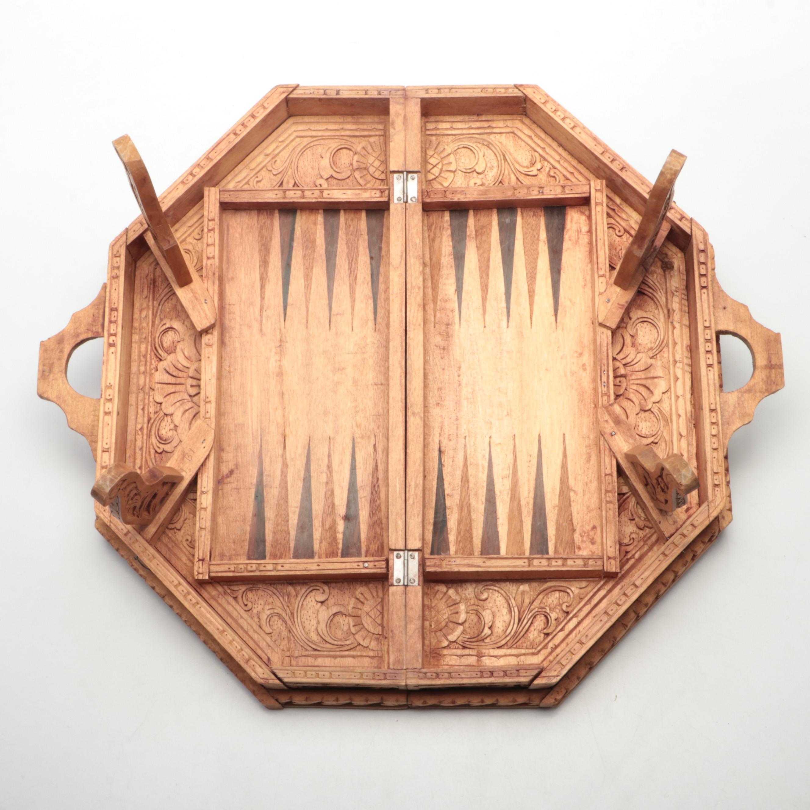 Ornate Carved Wood 2-in-1 Chess and Backgammon Game Board with Game Pieces