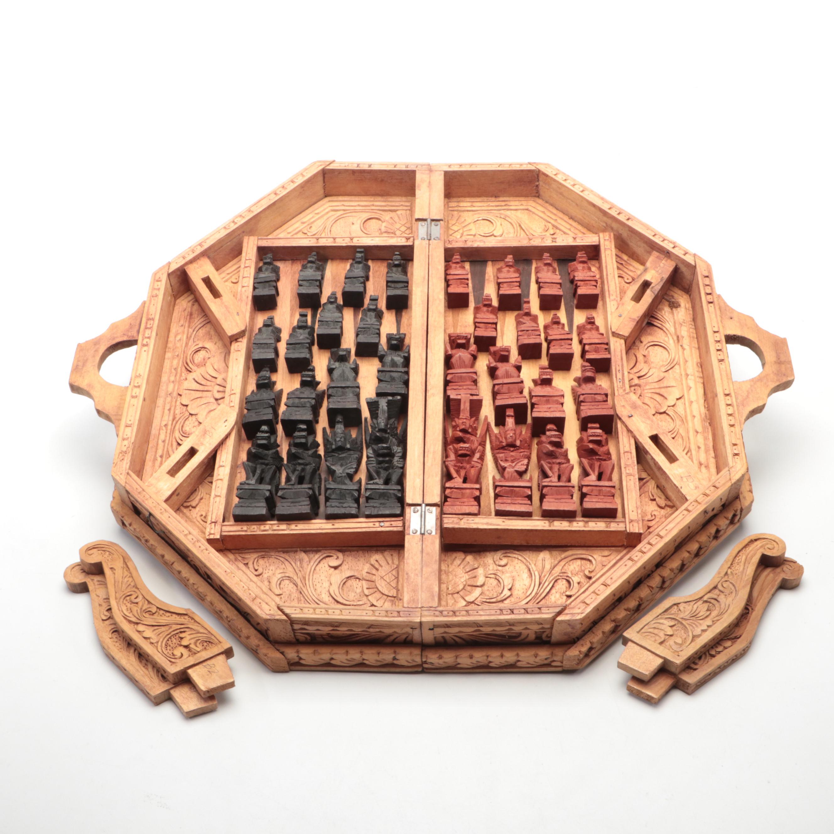 Ornate Carved Wood 2-in-1 Chess and Backgammon Game Board with Game Pieces