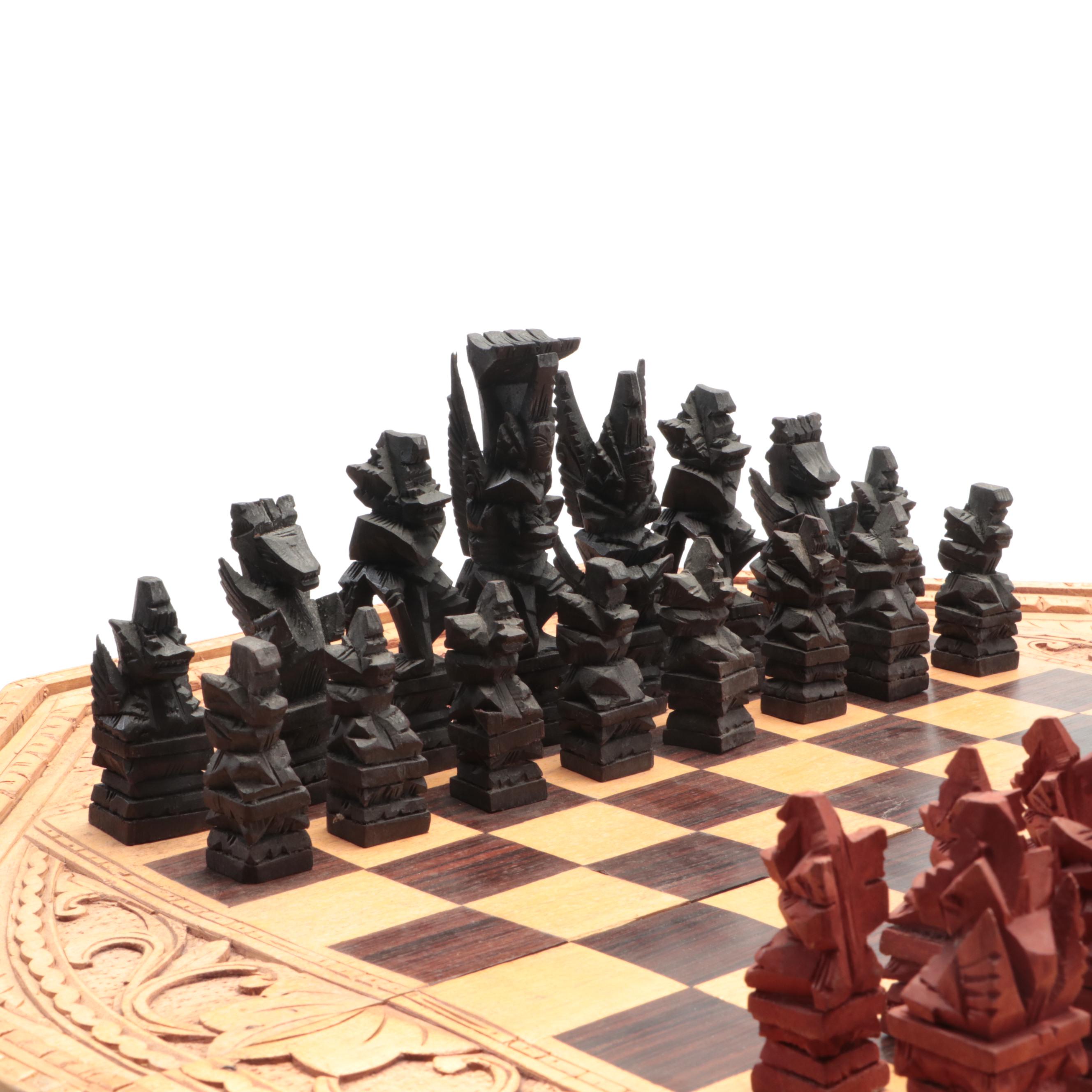 Ornate Carved Wood 2-in-1 Chess and Backgammon Game Board with Game Pieces