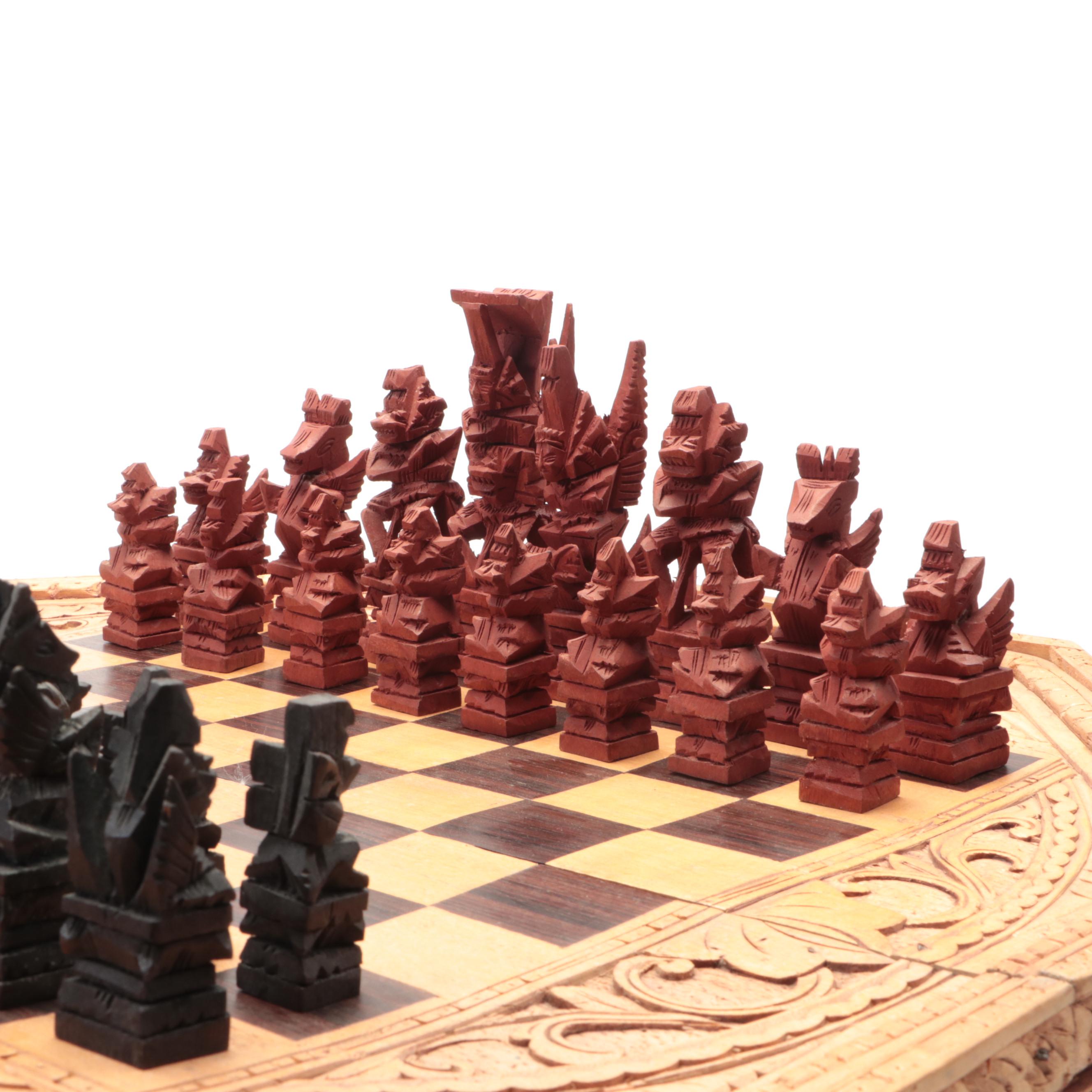 Ornate Carved Wood 2-in-1 Chess and Backgammon Game Board with Game Pieces