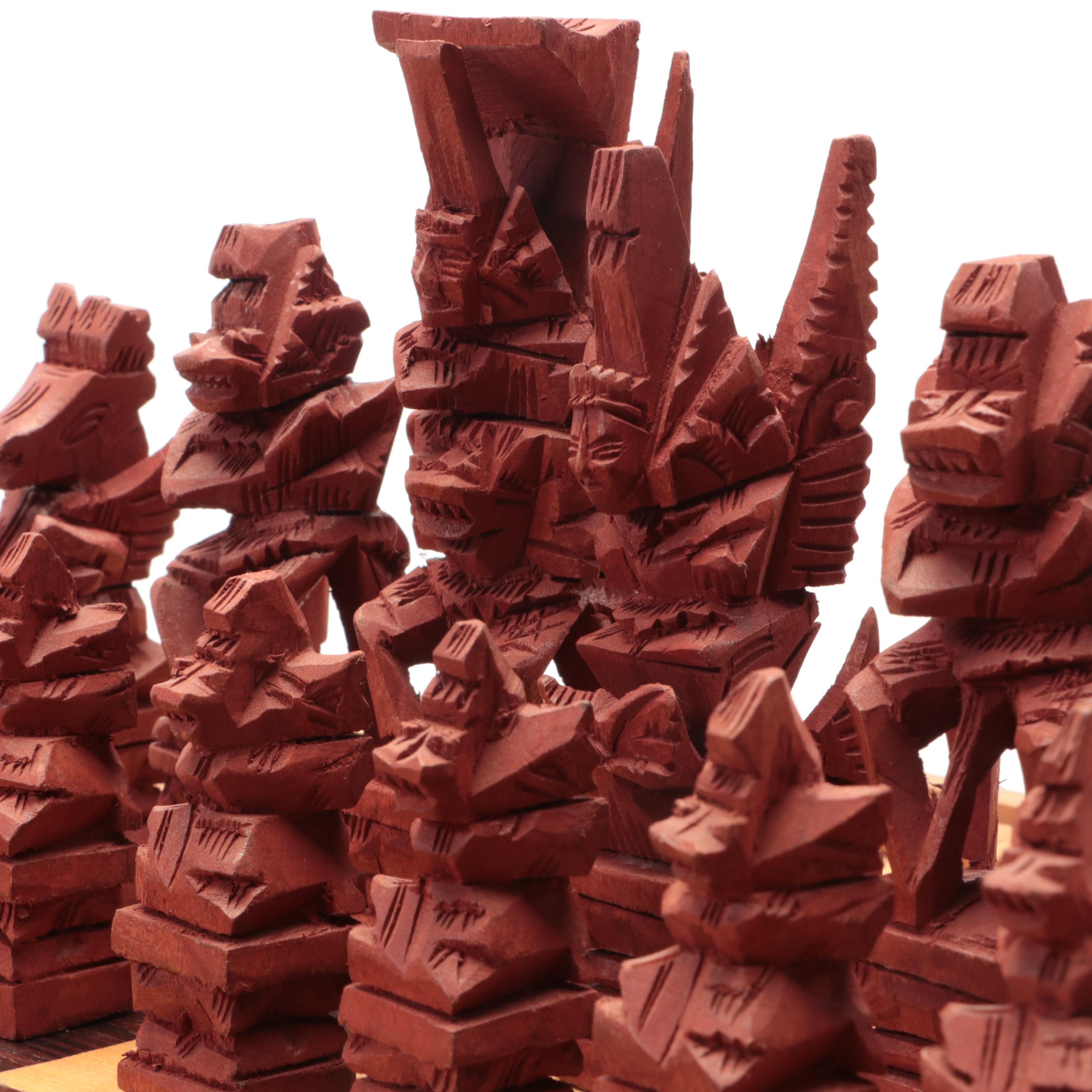 Ornate Carved Wood 2-in-1 Chess and Backgammon Game Board with Game Pieces