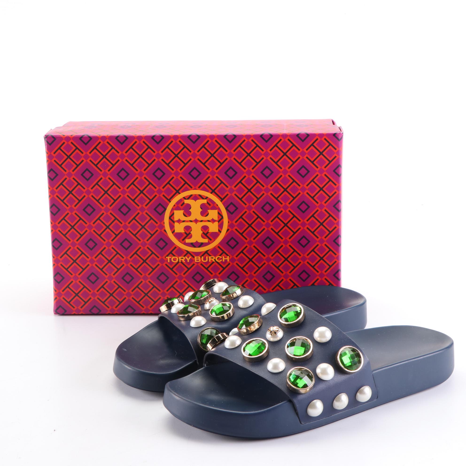 Stella McCartney Web Strap Belt with Tory Burch Vail and Patos Slide Sandals