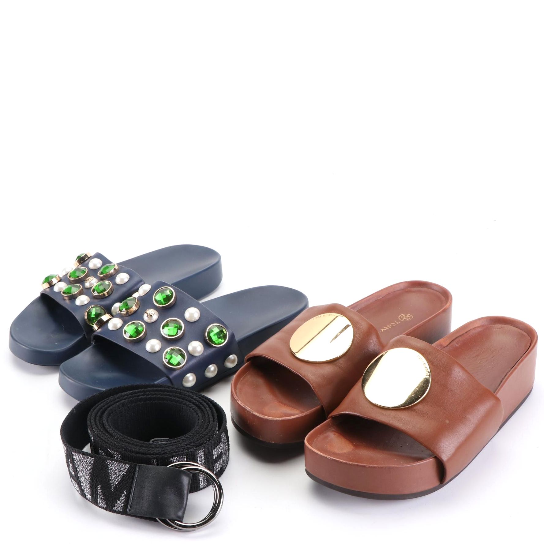 Stella McCartney Web Strap Belt with Tory Burch Vail and Patos Slide Sandals