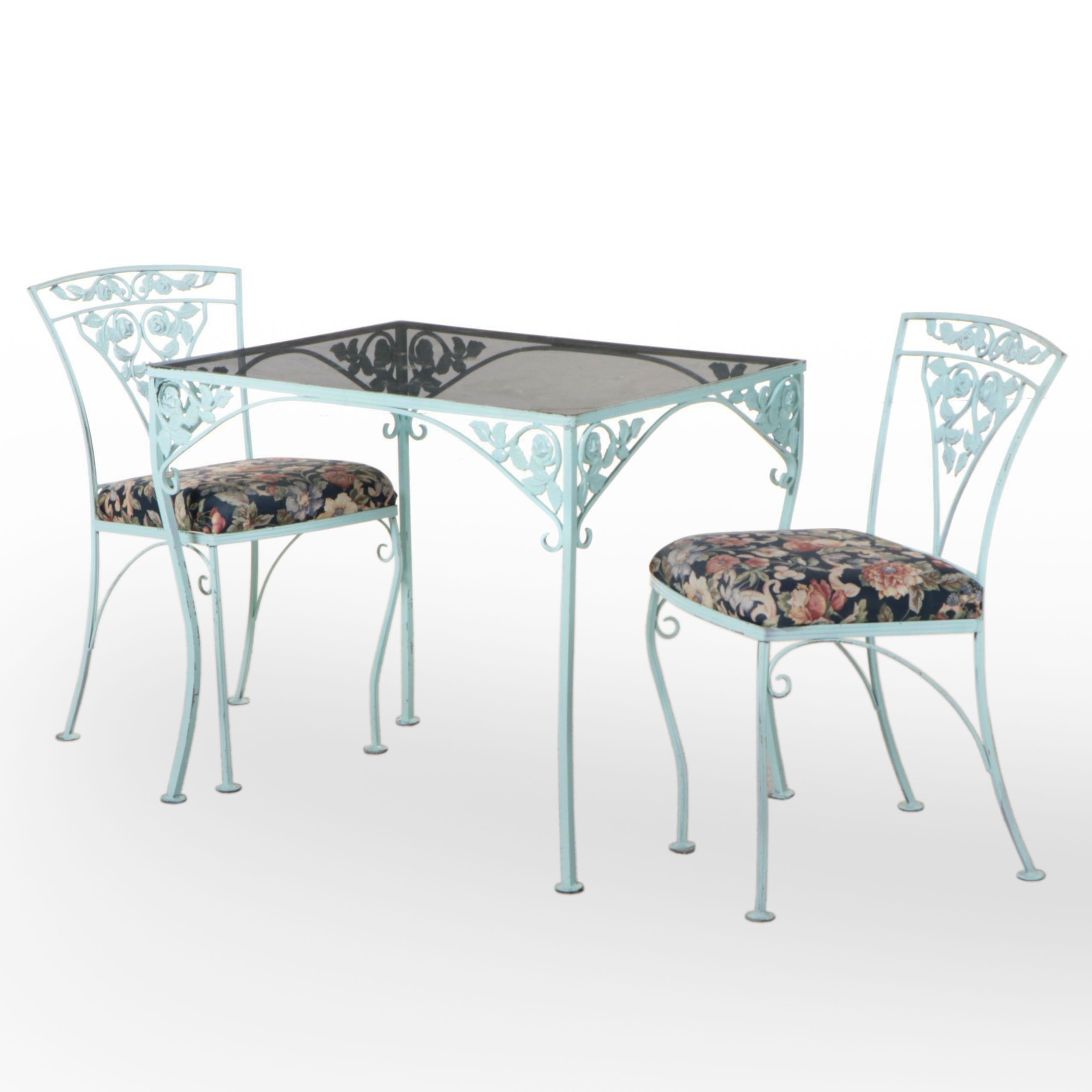 Three-Piece Painted and Cast Metal Patio Bistro Set with Smoked Glass Top