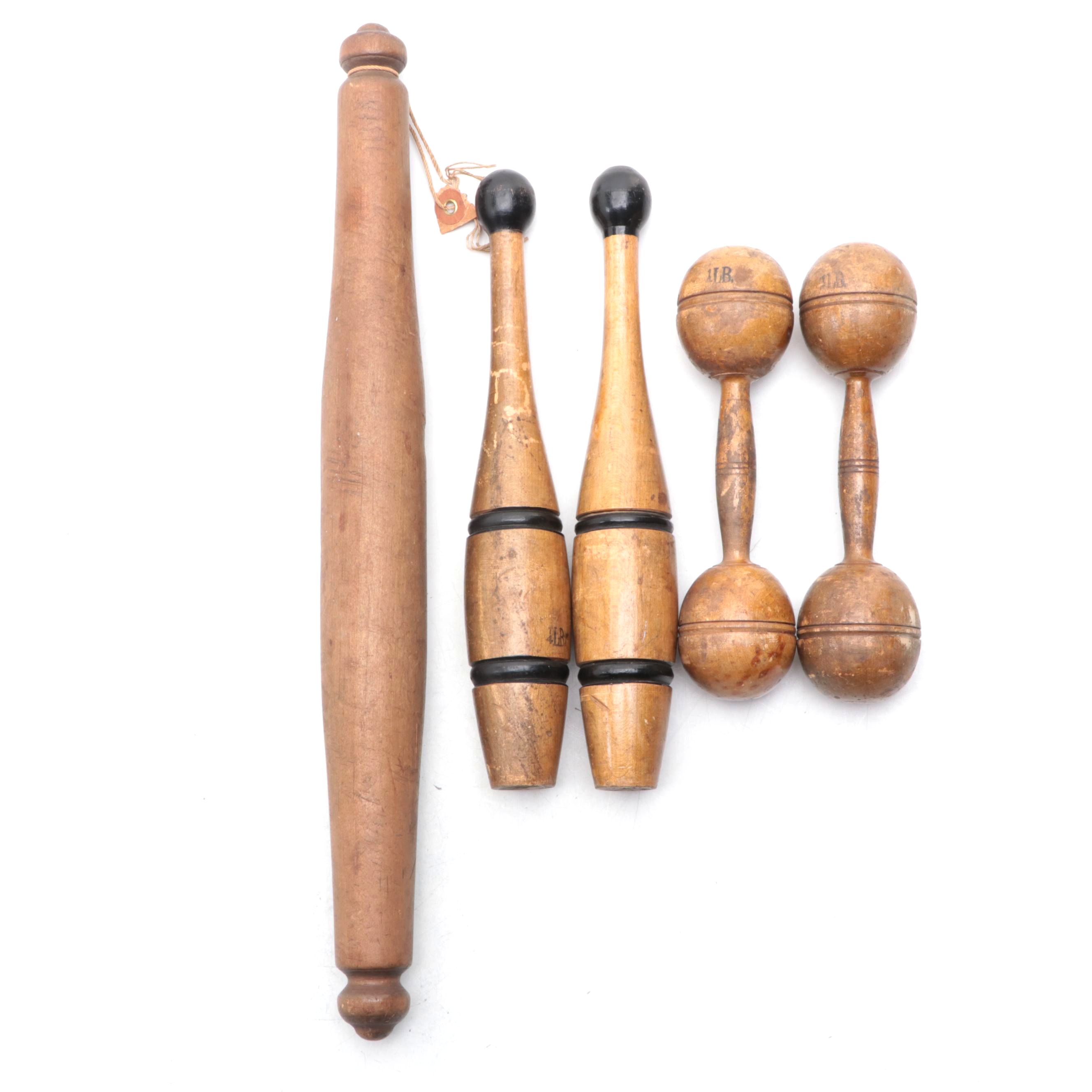 Wooden Juggling Pins, Dumbbells, and Rolling Pin, Late 19th/ Early 20th Century
