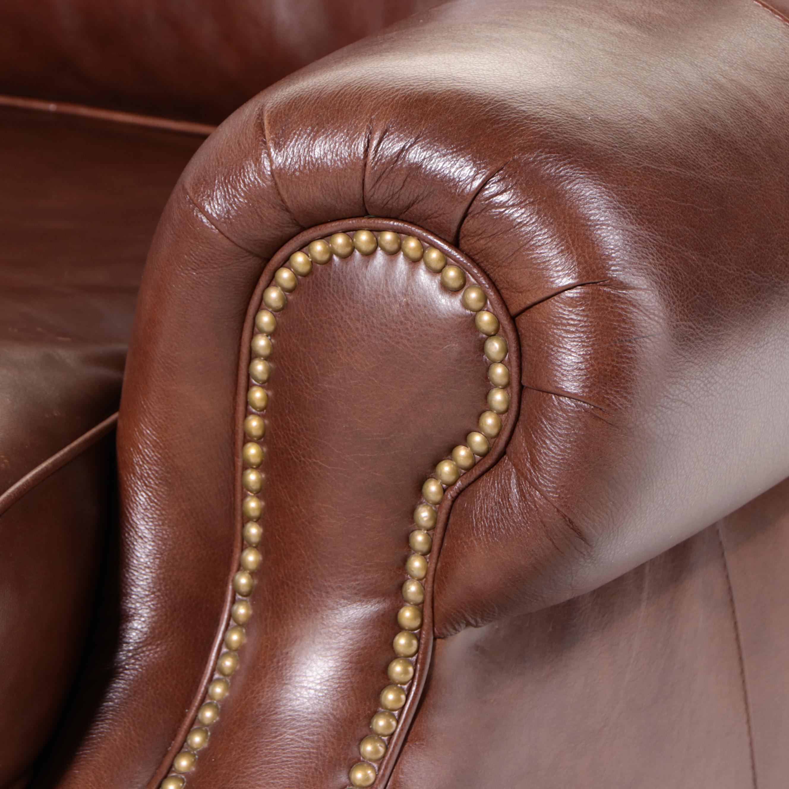 Hancock & Moore Brown Leather Roll-Arm Sofa with Nailheads